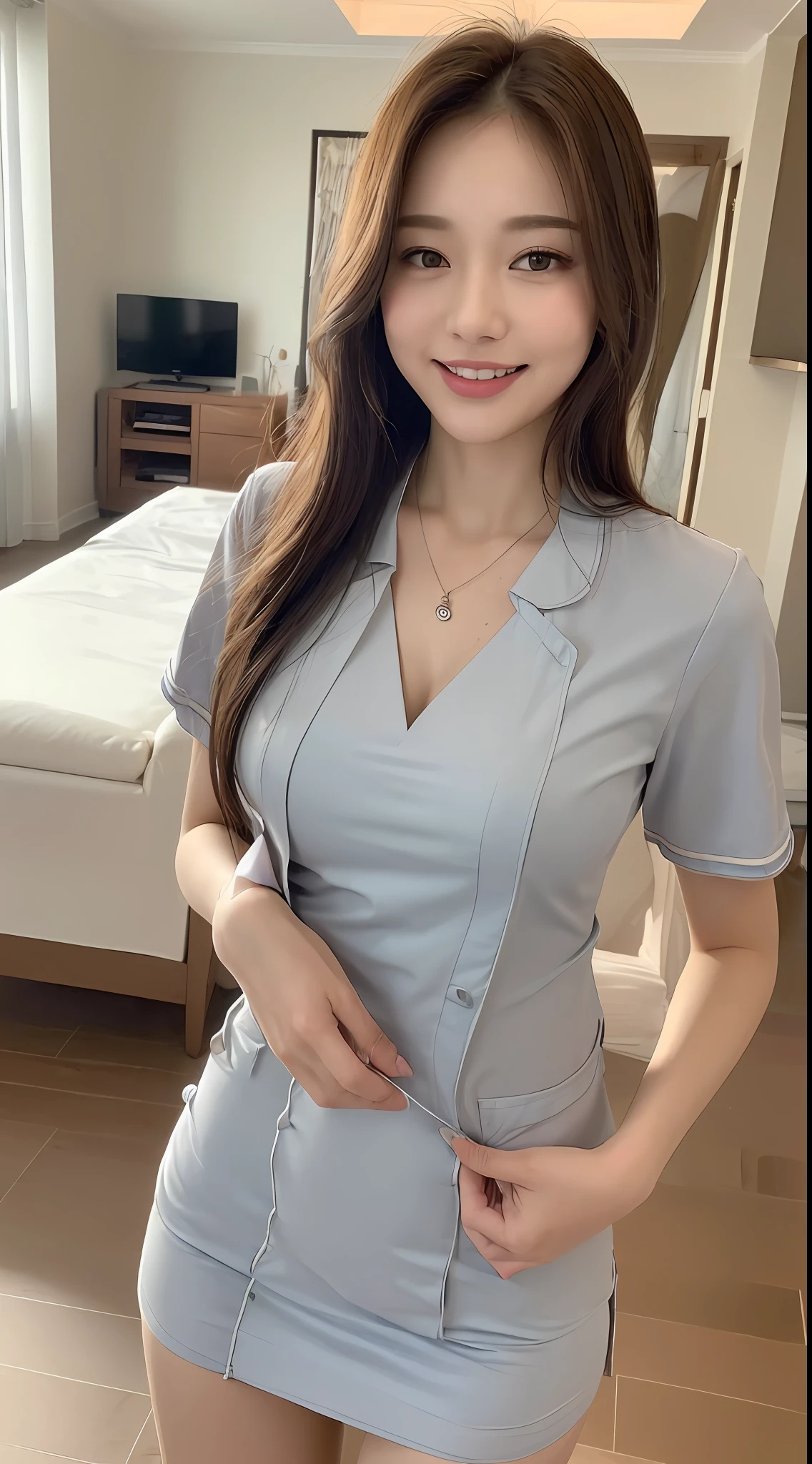 ((Best Quality, 8k, Masterpiece:1.3)), Focus:1.2, Perfect Body Beauty:1.4, Buttocks:1.2, ((Delicate Hair)), (Stylish Nurse Uniform:1.1) ,(Room, living room: 1.3), Highly detailed facial and skin texture, Fine eyes, Double eyelids, Whitening skin, Big breasts, smile, wearing a necklace,
