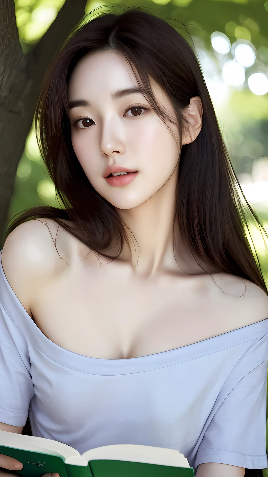 realistic photos of (1 cute Korean star) Shoulder-length hair, thin makeup, medium breasts size, t-shirt, reading a book, under the tree, sideways, clear facial features, high resolution, sharp and realistic details, reflection light, optical illusion, UHD, masterpiece, best quality, highres, 16k