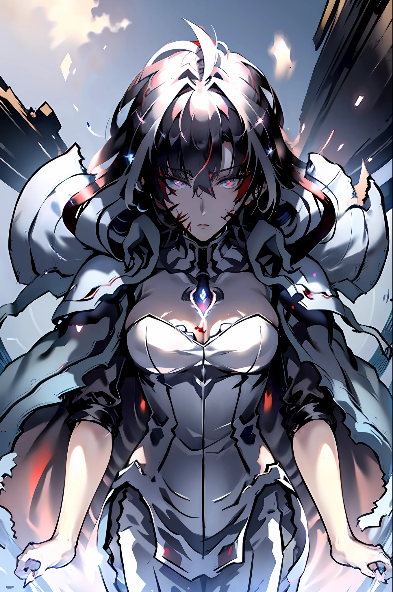 ((Masterpiece)), (((Best Quality))), ((Super Detail)), ((Illustration)), ((Semi-Real), (Reflection), Sharp Focus, Front Lighting, Intense Shadows, (Beautiful Eyes of Details), Eyelashes, (Very Delicate and Beautiful Girl), ((Red Eye)), Silver hair, (Jacket), (Pants), Long hair, (Wielding a sword), (Detailed Eyes), (Cold Blood), Medium Chest, Shiny skin, cinematic lighting mask, ray tracing, depth of field, dynamic angle, watch viewer, ((spectacular background)), (face blood 1.2), (difficulty 1.4), long hair, big breasts