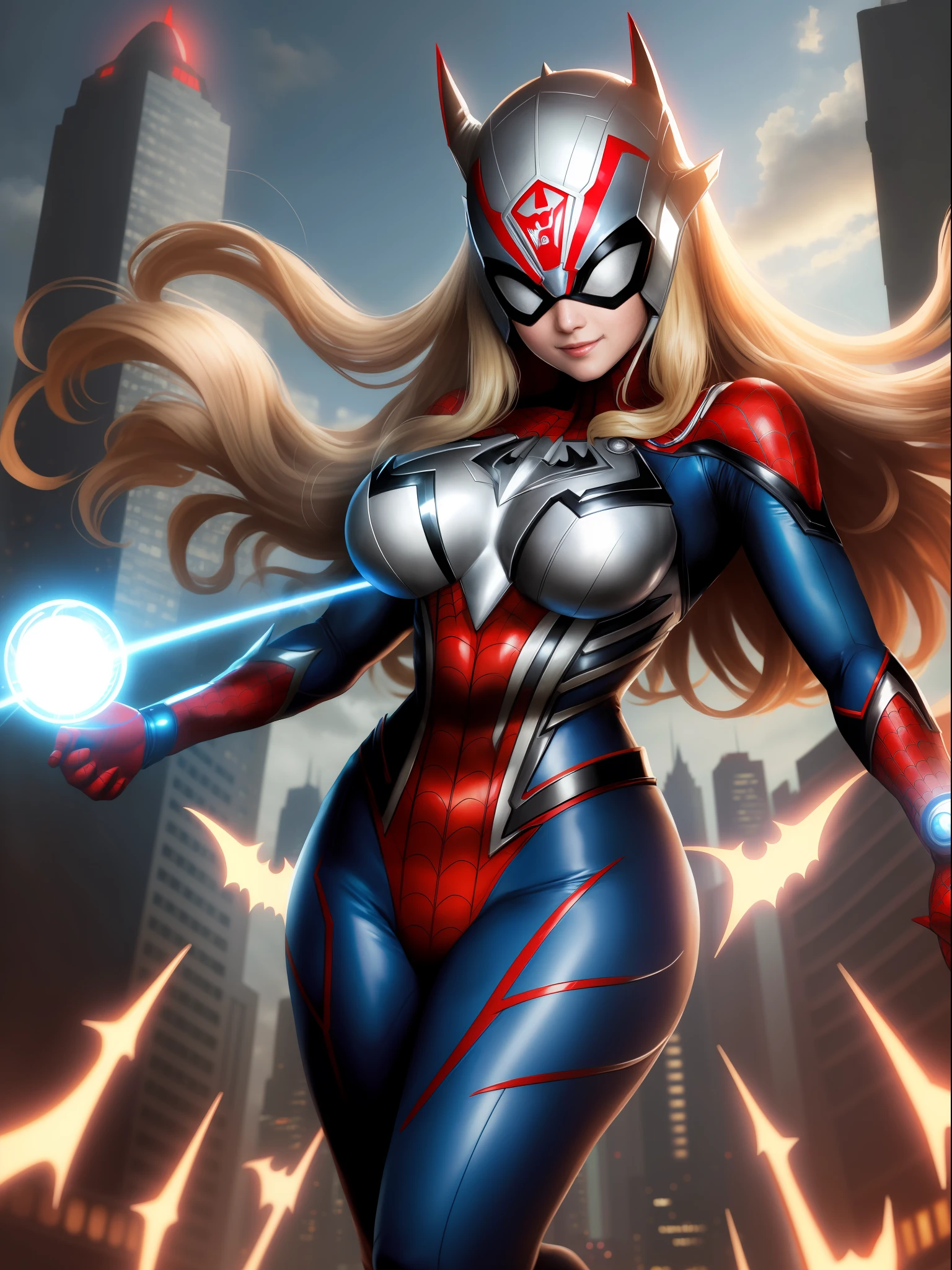 Ultraman, anime style, (Max quality: Sharpness:resolution:detailed), ((full body shot of giant woman:Ultraman/Spiderman/Batman,solo)),big breasts, long blonde hair smooth:in front of eye:wind motion, circular light in breastplate with strong blue light, helmet:mask of Ultraman, staring at the viewer, smiling, she is in a futuristic city being attacked by aliens.