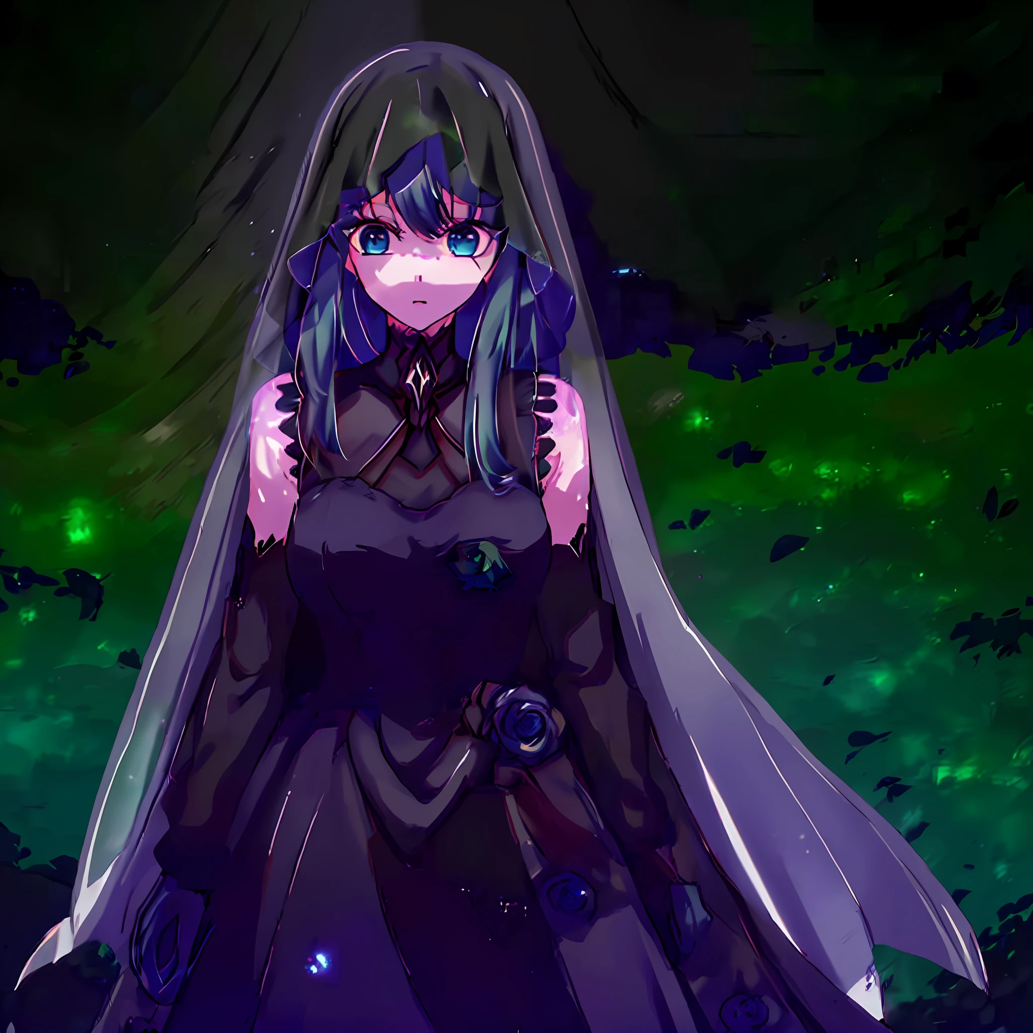 1girl, solo, intense, dark surrounding, forest, dense forest, black dress, lace, sleeveless, forearm gloves, sleeveless dress, black dress, veil, black veil, glowing eyes, dark blue eyes, blue hair, gradient hair, green hair, long hair