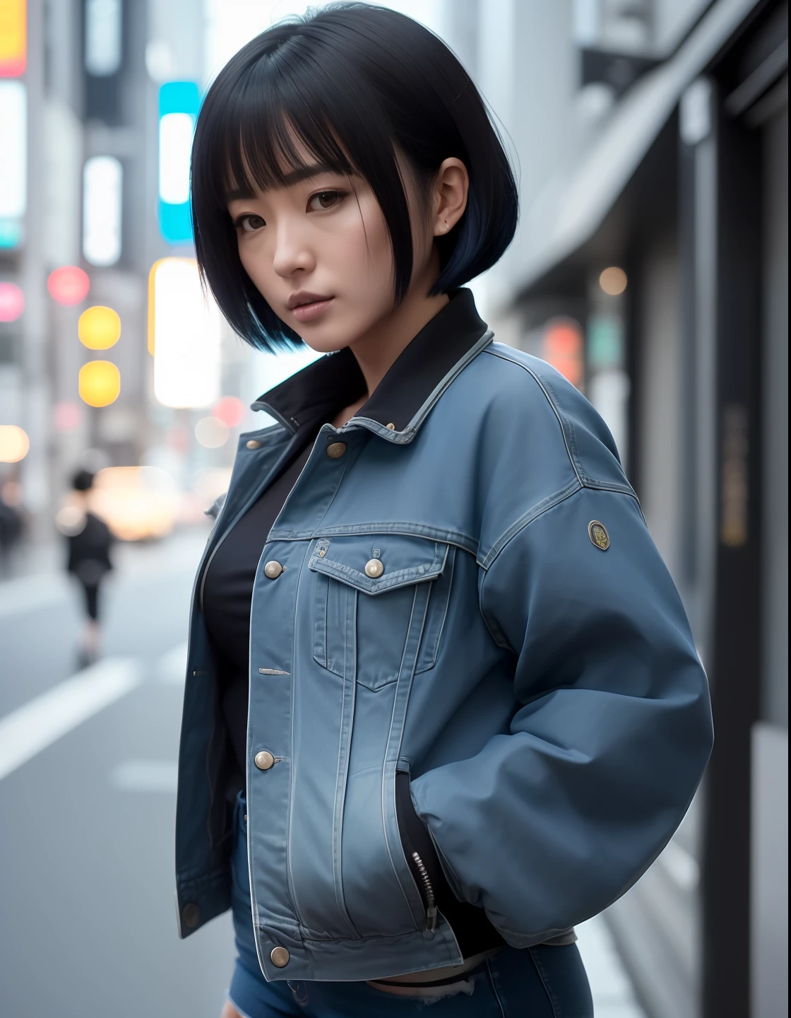 (masterpiece), ((high details)), (high detail face), intricate detail, depth of field, backlighting, award winning, high quality, best quality, 8k, Motoko Kusanagi, (inverted bob hair:1.3), short dark blue hair, ponytail, cyberpunk jacket, black short denim, outside, street, Tokyo, night, standing, looking at the viewer
