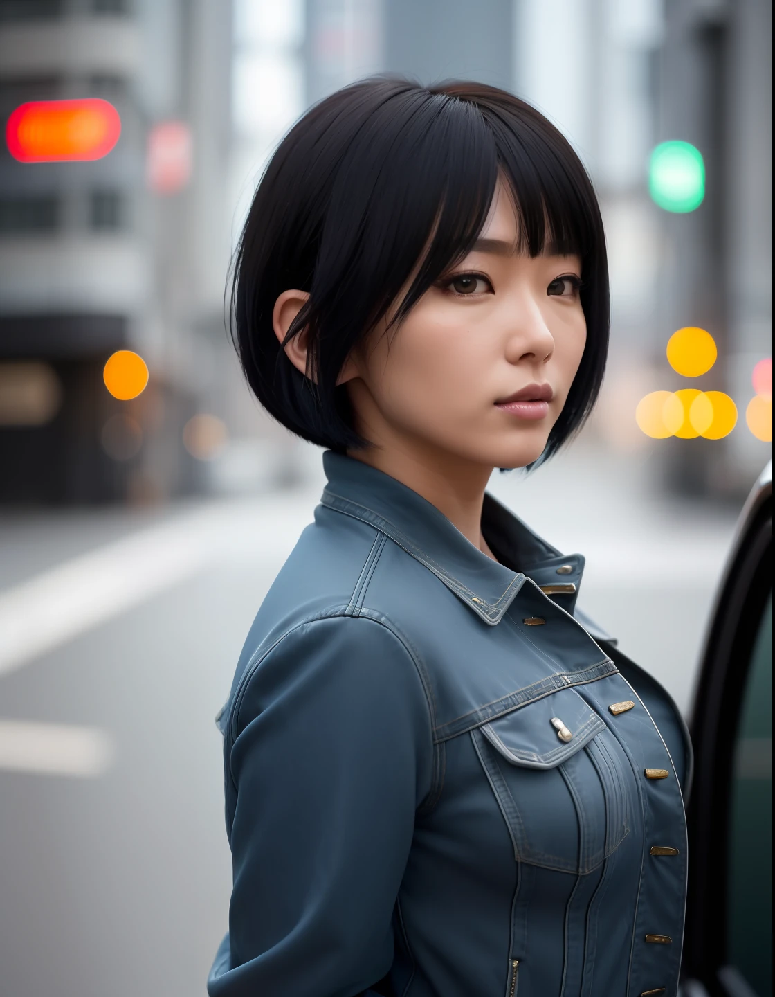 (masterpiece), ((high details)), (high detail face), intricate detail, depth of field, backlighting, award winning, high quality, best quality, 8k, Motoko Kusanagi, (inverted bob hair:1.3), short dark blue hair, ponytail, cyberpunk jacket, black short denim, outside, street, Tokyo, night, standing, looking at the viewer