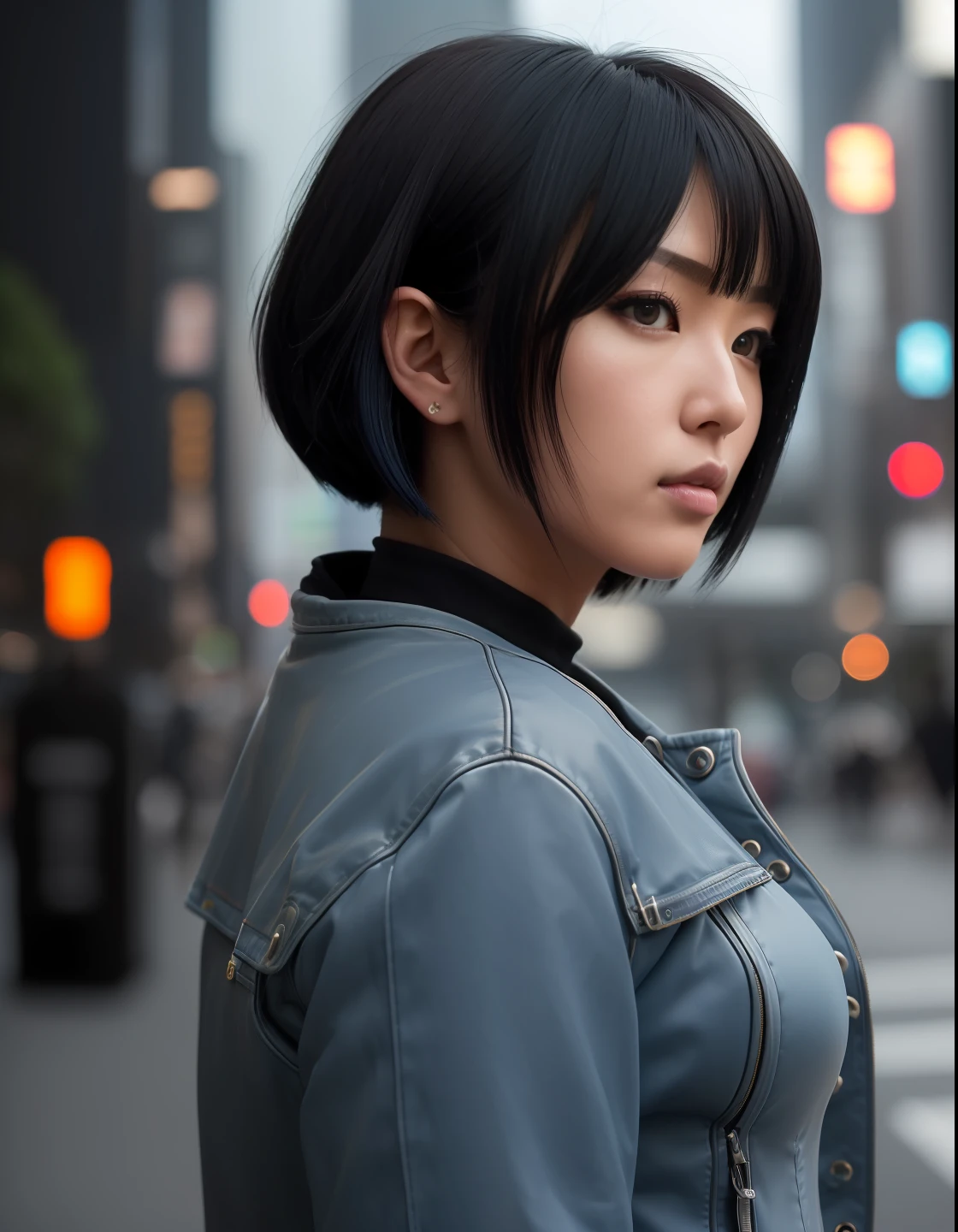 (masterpiece), ((high details)), (high detail face), intricate detail, depth of field, backlighting, award winning, high quality, best quality, 8k, Motoko Kusanagi, (inverted bob hair:1.3), short dark blue hair, ponytail, cyberpunk jacket, black short denim, outside, street, Tokyo, night, standing, looking at the viewer