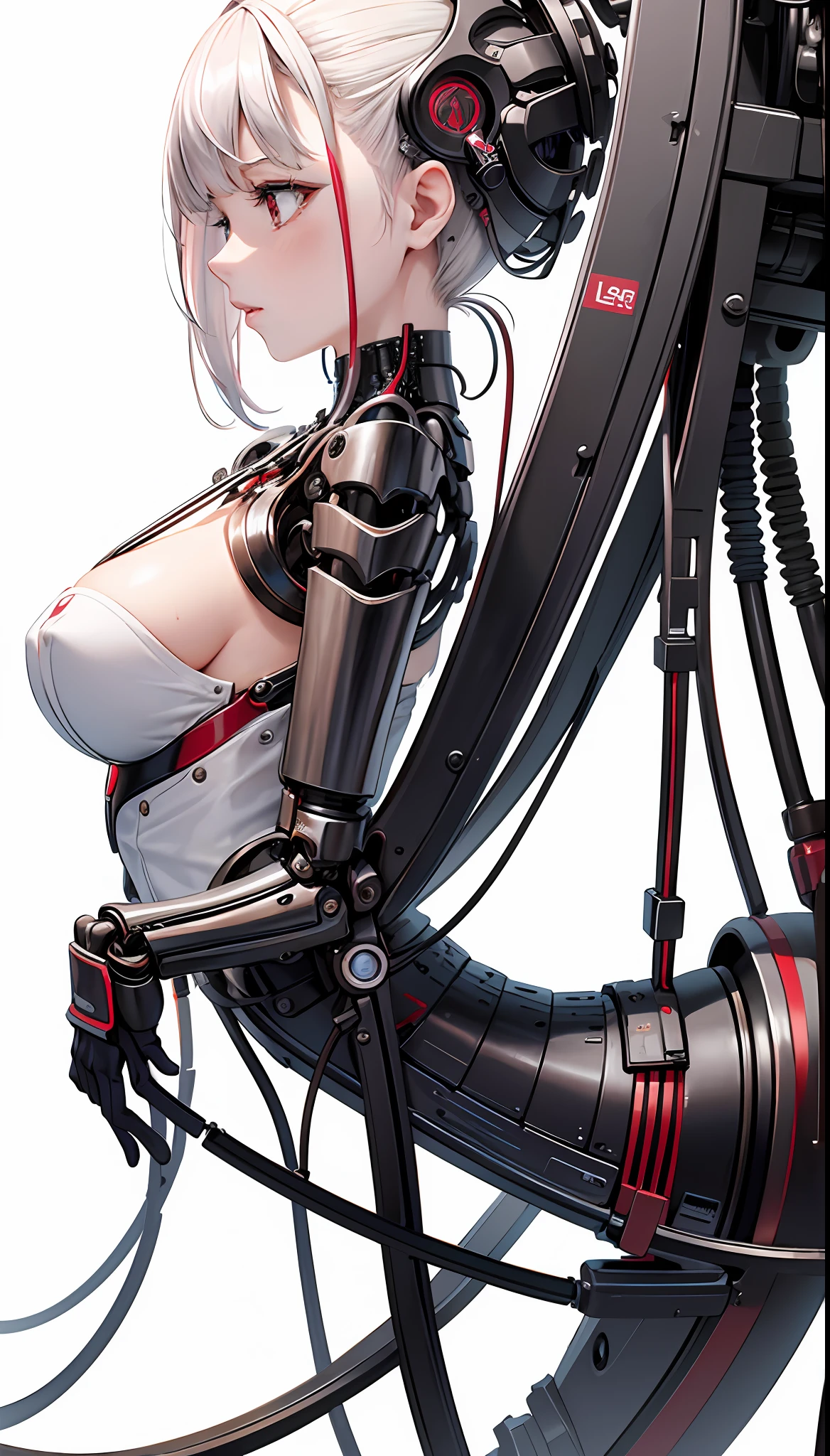 (Masterpiece, Top Quality, Best Quality, Official Art, Beautiful Indulgence: 1.2), (1 Girl: 1.3), Very Detailed, Colorful, Supreme Detail ((Ultra Detailed)), (Highly Detailed CG Illustration), (Very Delicate and Beautiful)), (From the Side), Cinematic Light, (1 Machine Girl)), Solo, Full Body, (Mechanical Joints: 1.2), ((Mechanical limbs)), (Blood vessels connected to tubes), ( Mechanical vertebrae attached to the back), ((Mechanical cervical vertebrae attached to the neck)), expressionless, (Wires and cables attached to the neck: 1.2), (Head wires and cables: 1.2) (Character focus), (Lower body integrated with mechanical devices), Science fiction, White background, (Blood: 1.5), cruelty, absurdity, erotic rotesque, fusion with machines