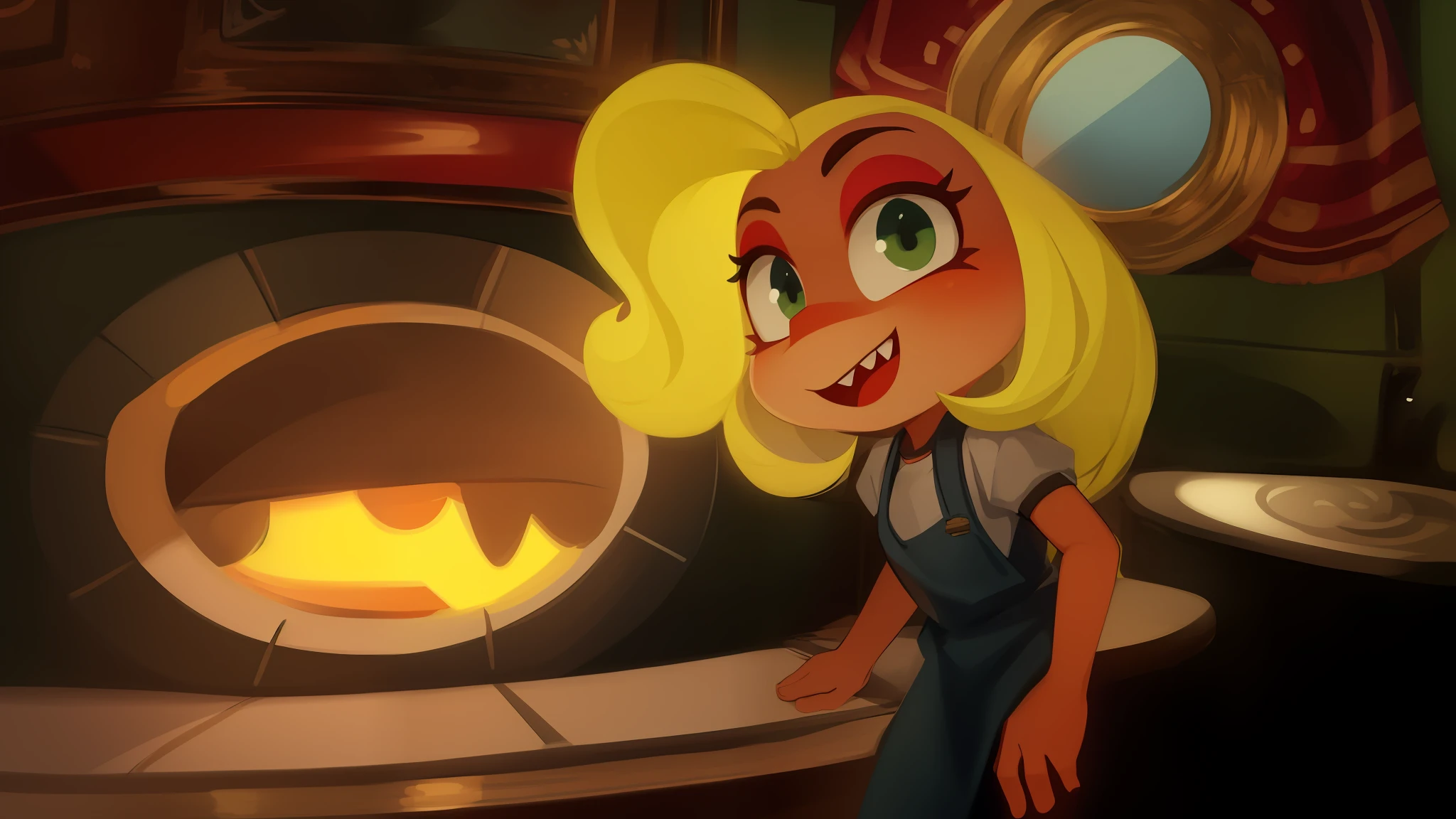 cartoon, beautiful portrait, detailed background, white teeth with cute fang,
