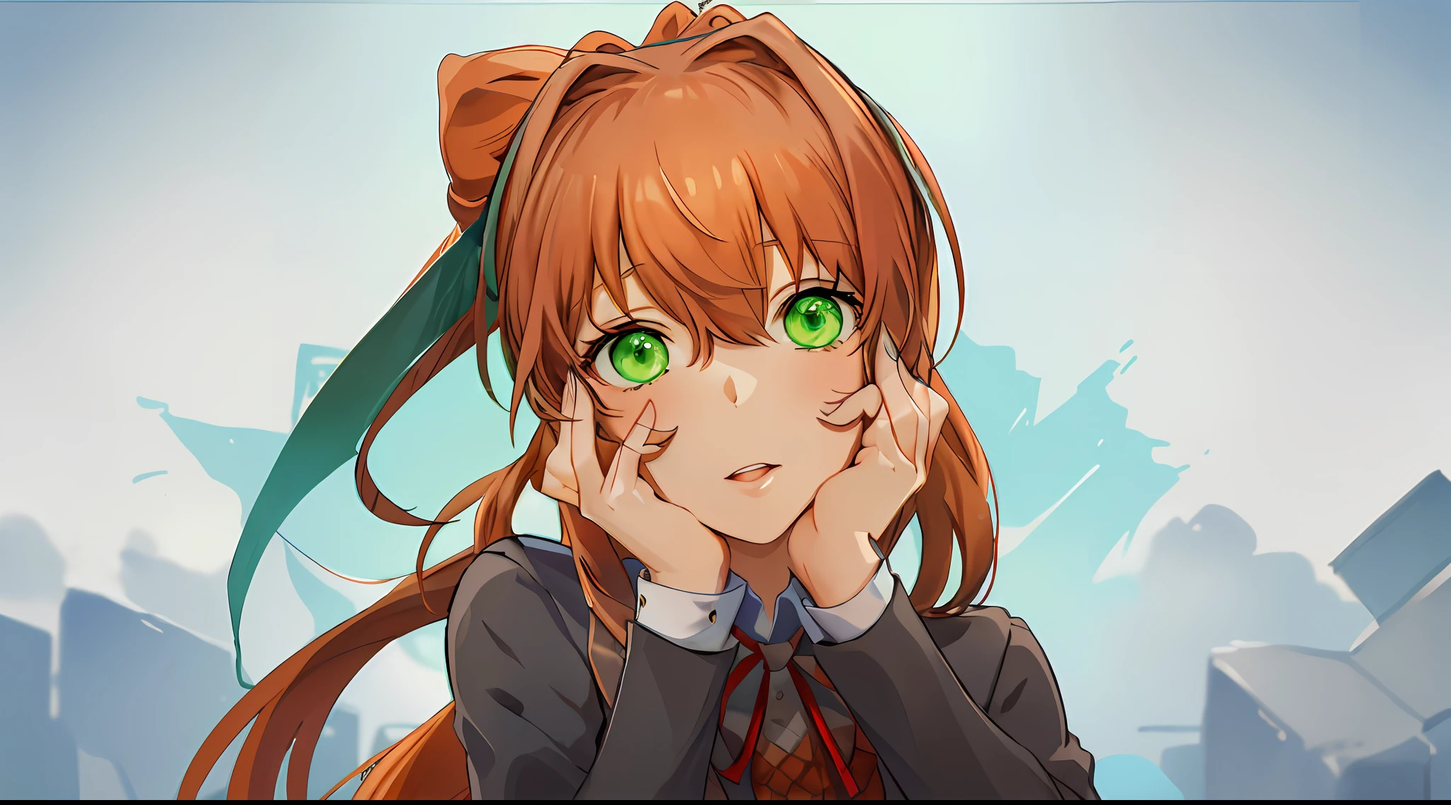 2d, masterpiece, best quality, anime, highly detailed, 1girl, solo, monika, green eyes, very long hair, ponytail, school uniform, yandere face