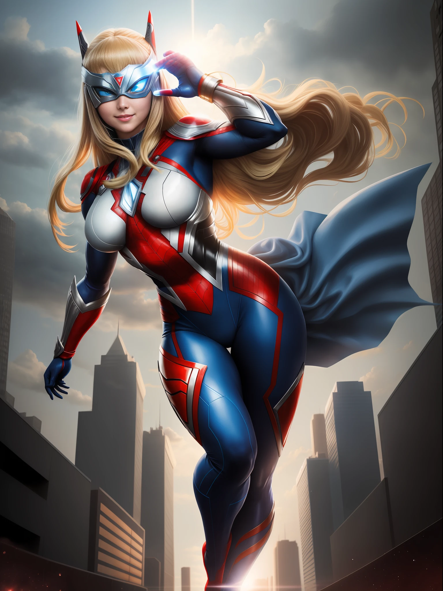Ultraman, Mortal Kombat, anime style, (Max quality: Sharpness:resolution:detailed) full body shot, (((1 female))):giant:Ultraman:Spiderman:Batman,soil,big breasts, long blonde hair straight :in front of the eye:movement in the wind, circular light on the chest with strong blue light, helmet:mask of Ultraman,staring at the viewer,smiling,she is in a futuristic city being attacked by aliens.