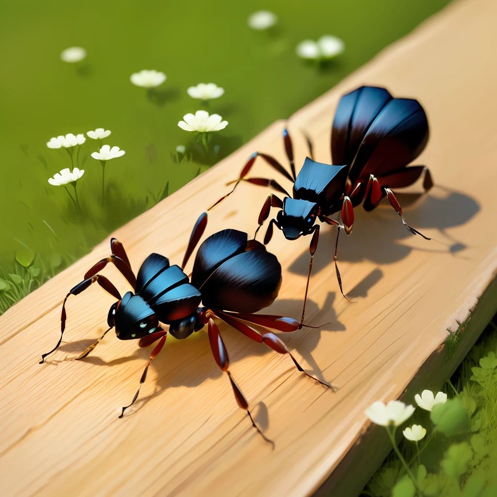 giant ants walking on wood and clover