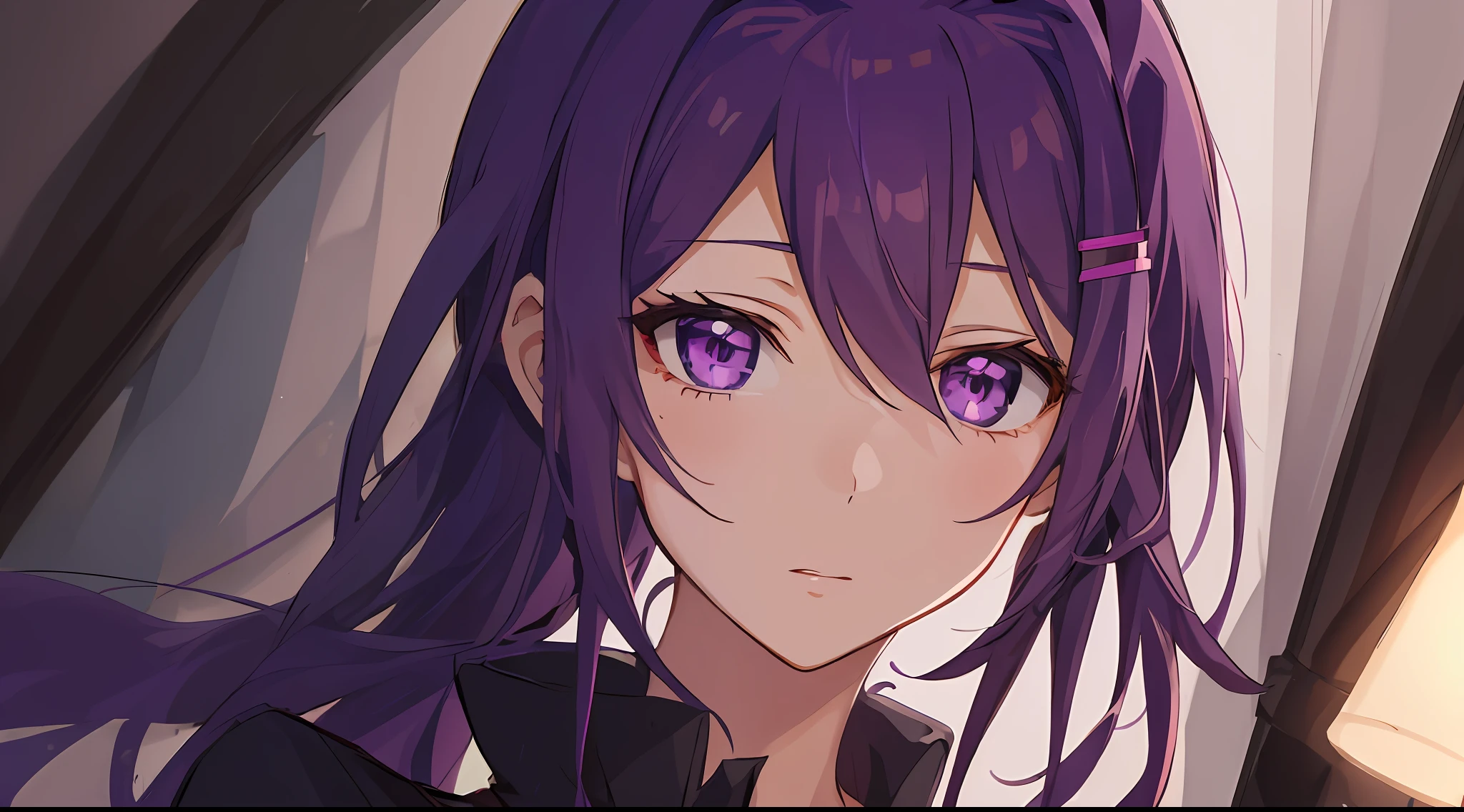 2d, masterpiece, best quality, anime, highly detailed, 1girl, solo, yuri, purple eyes, purple hair, hair between eyes, hairclip, yandere face