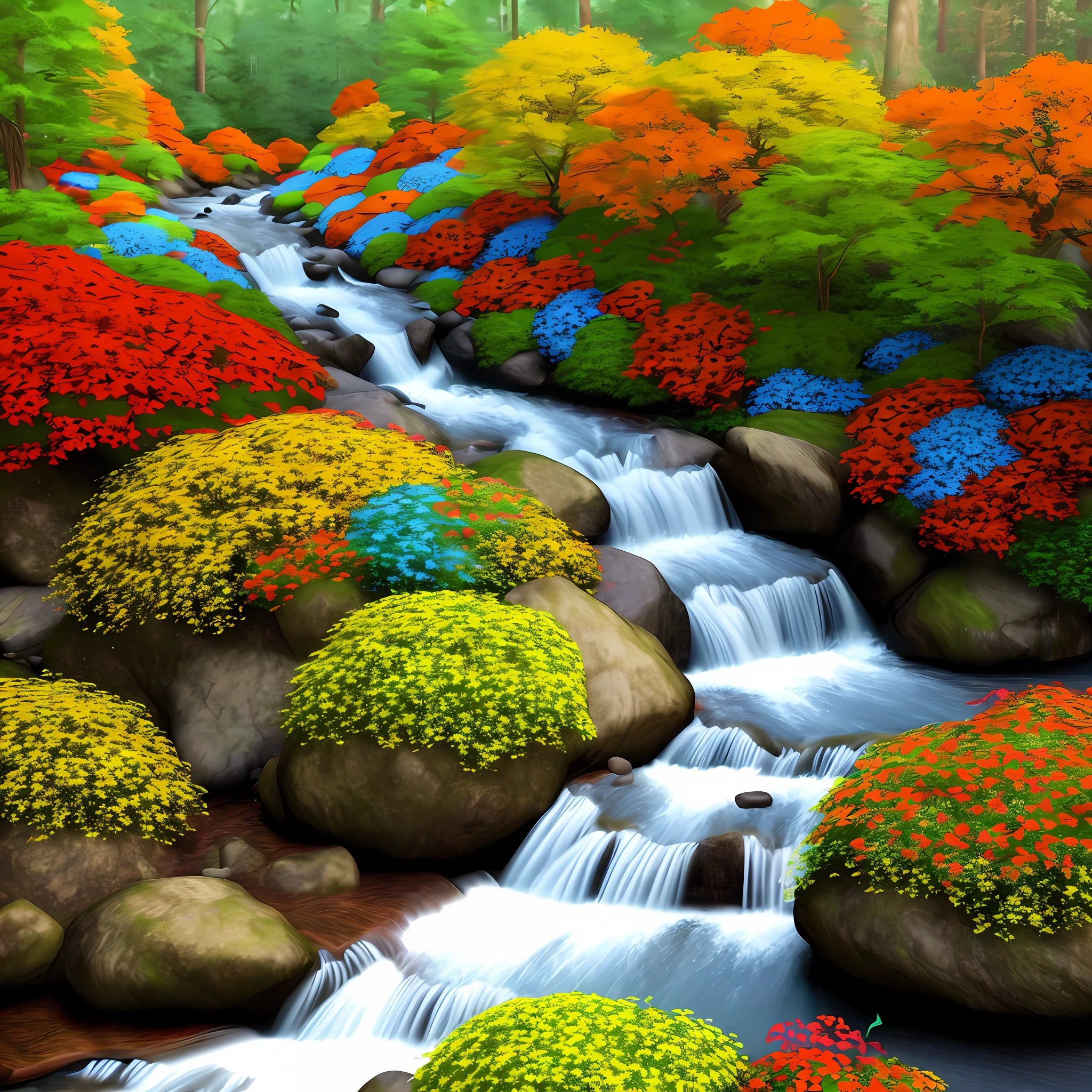 Images colorful forest diverse colors with colorful flowers orange green red blue river butterflies real photo 3d cinema 8k sun well lit vibrant colors shrubs rocks