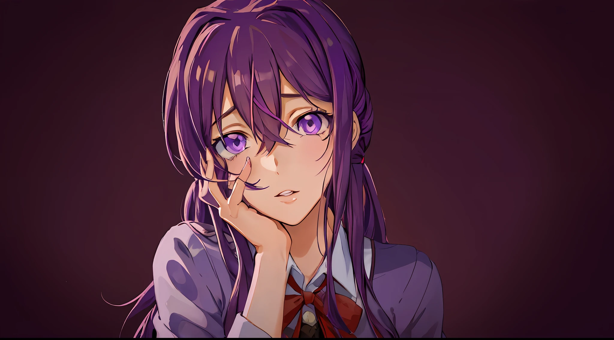 2d, masterpiece, best quality, anime, highly detailed, 1girl, solo, yuri, purple eyes, purple hair, hair between eyes, hairclip, school uniform, yandere face