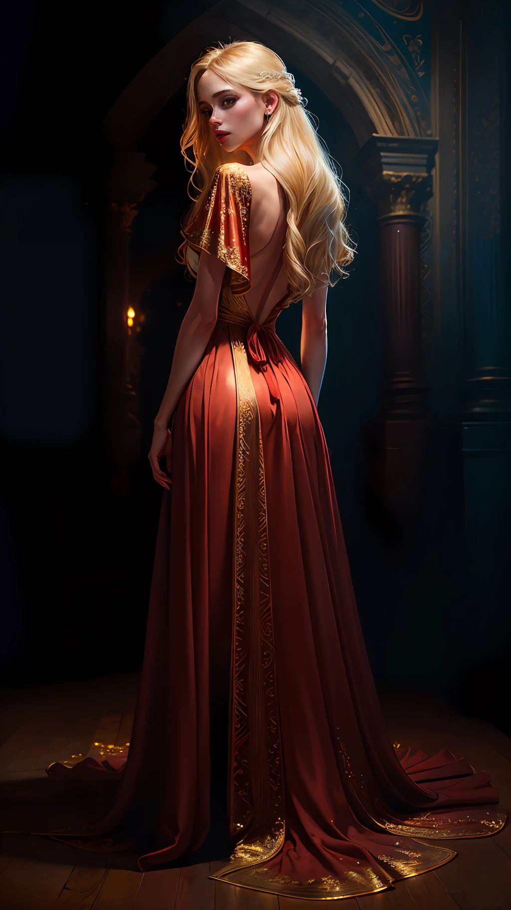 masterpiece, high quality, solo focus, young woman, bright eyes, lustrous skin, long blonde hair, highly detailed eyes, perfect face, wearing a long place red dress, in an elegant model pose, full body, back to the viewer, by lee jeffries nikon d850 film stock photography 4 kodak portra 400 camera f1.6 lens rich colors hyper realistic texture dramatic lighting unreal engine trend on artstation cinestill 800