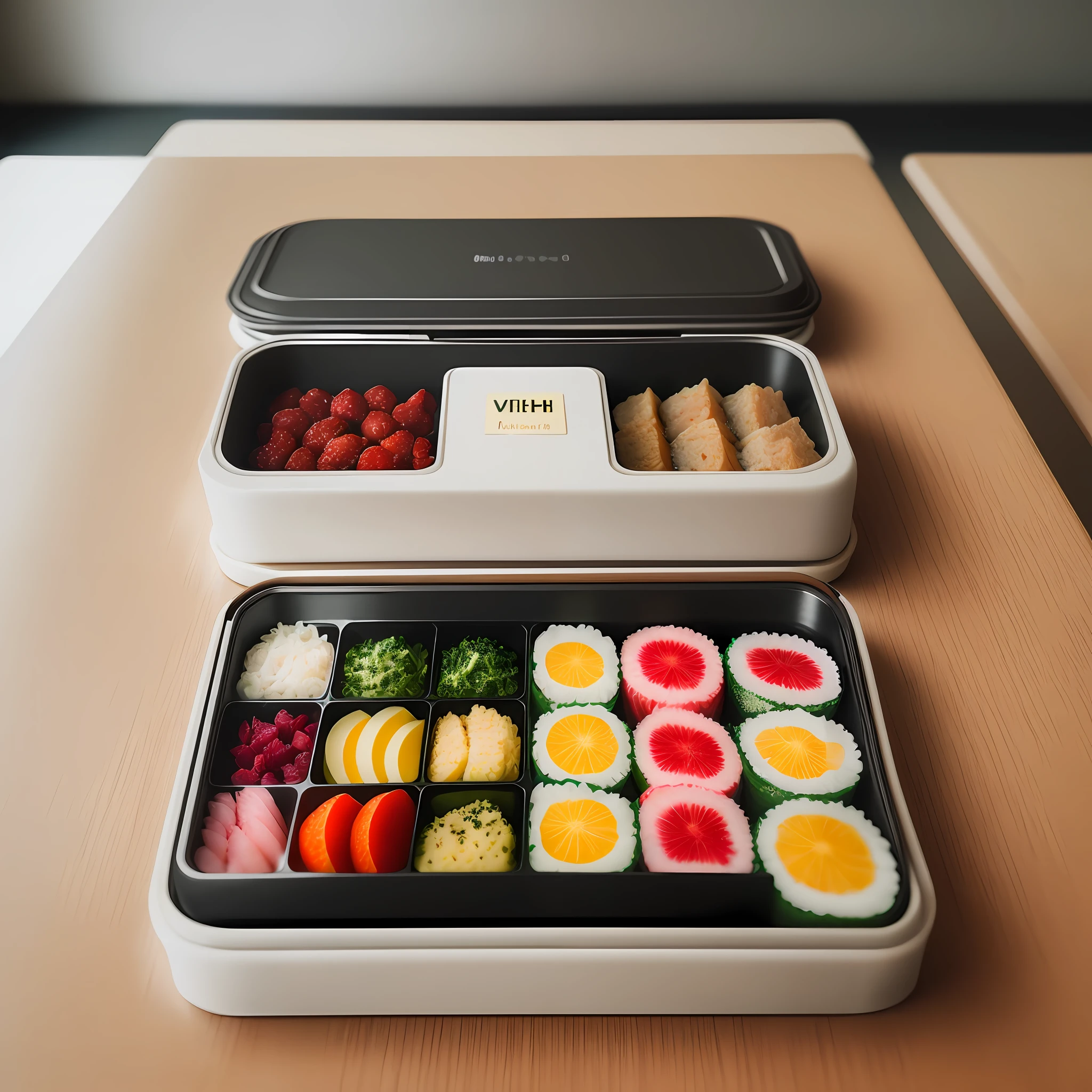 Highly detailed RAW colour photos, Bento set on the table, overexposure, f/1.8, Nikon, bloom