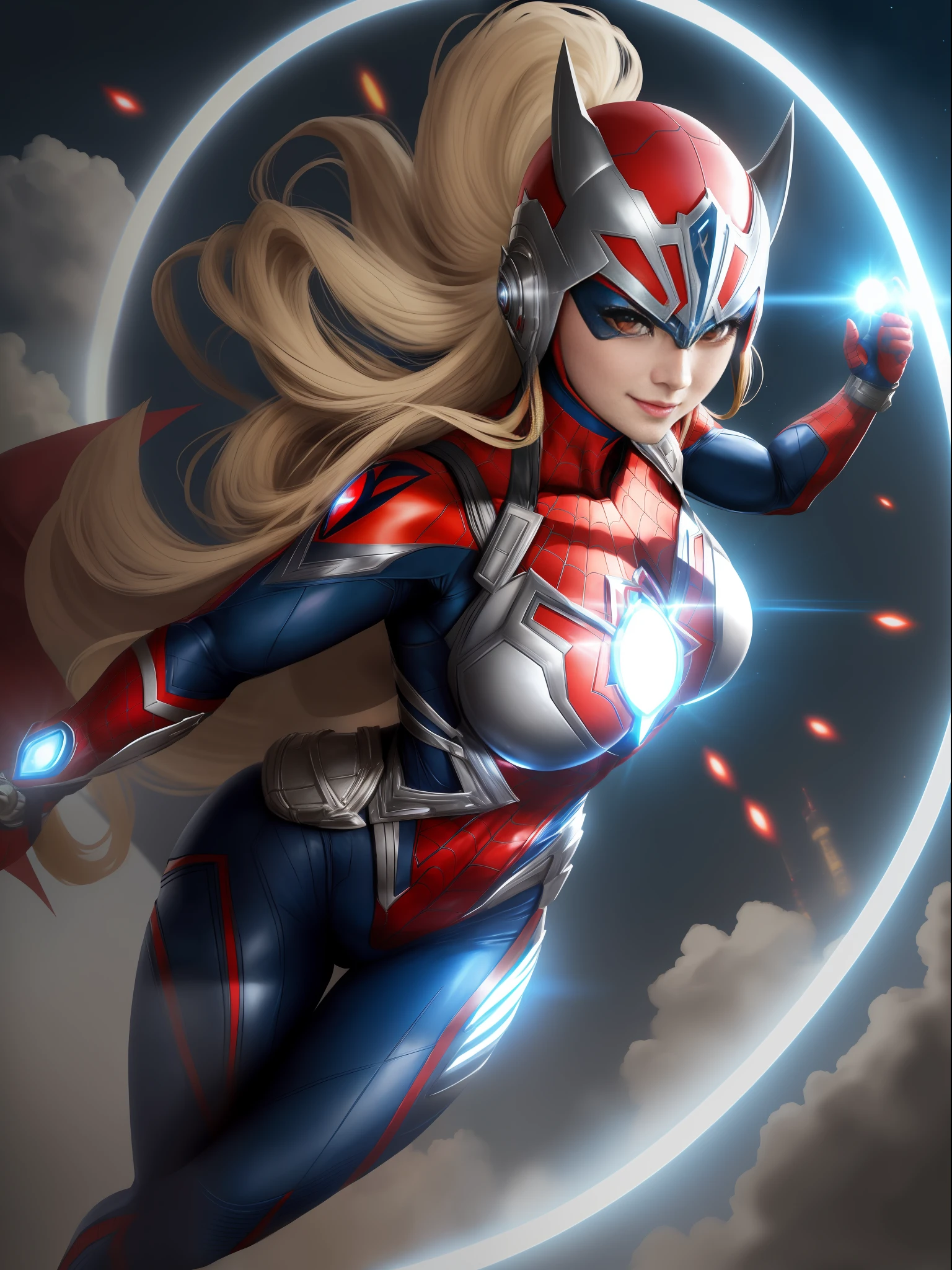 Ultraman, Mortal Kombat, anime style, (Max quality: Sharpness:resolution:detailed) full body shot, (((((1 female))):giant:Ultraman:Spider-Man:Batman,solo, extremely show-off)), big breasts, long blonde hair straight: in front of eye: motion in the wind, ((circle jewelry on chest with strong blue light)), helmet: mask of Ultraman, staring at viewer, smiling, she is in a futuristic city being attacked by aliens.