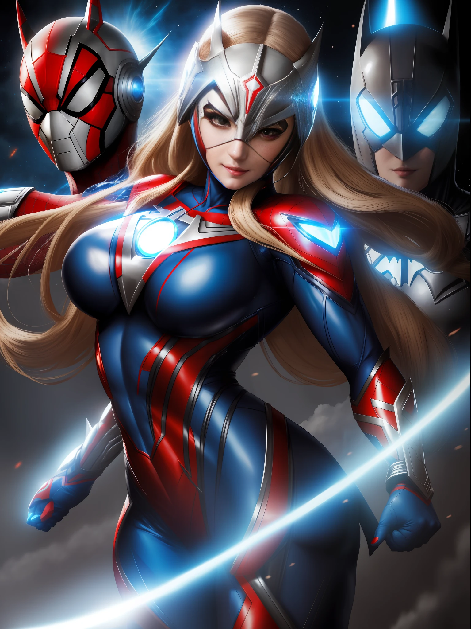 Ultraman, Mortal Kombat, anime style, (Max quality: Sharpness:resolution:detailed) full body shot, (((((1 female))):giant:Ultraman:Spider-Man:Batman,solo, extremely show-off)), big breasts, long blonde hair straight: in front of eye: motion in the wind, ((circle jewelry on chest with strong blue light)), helmet: mask of Ultraman, staring at viewer, smiling, she is in a futuristic city being attacked by aliens.
