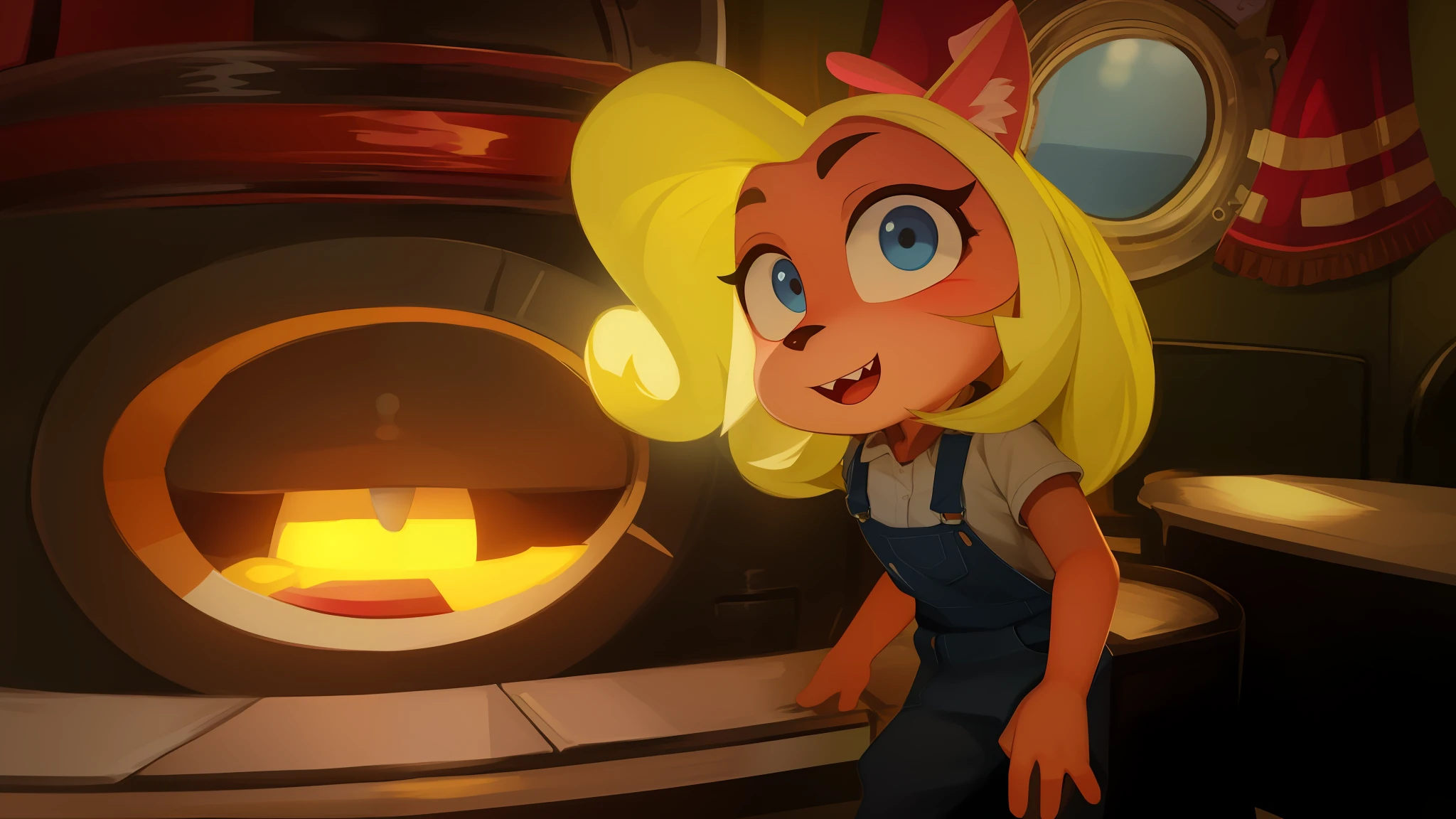 cartoon, beautiful portrait, detailed background, white teeth with cute fang, black nose, animal ears, animal snout, white shirt (pink lined clothes), overalls (one button, blue)