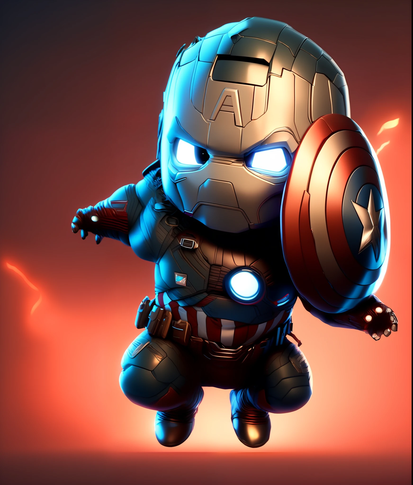 cinematic shot of  realistic cute Captain America , surounded by fire, seamless, epic, cinematic, intricate detail, award winning, great lighting, shading, high quality, detailed