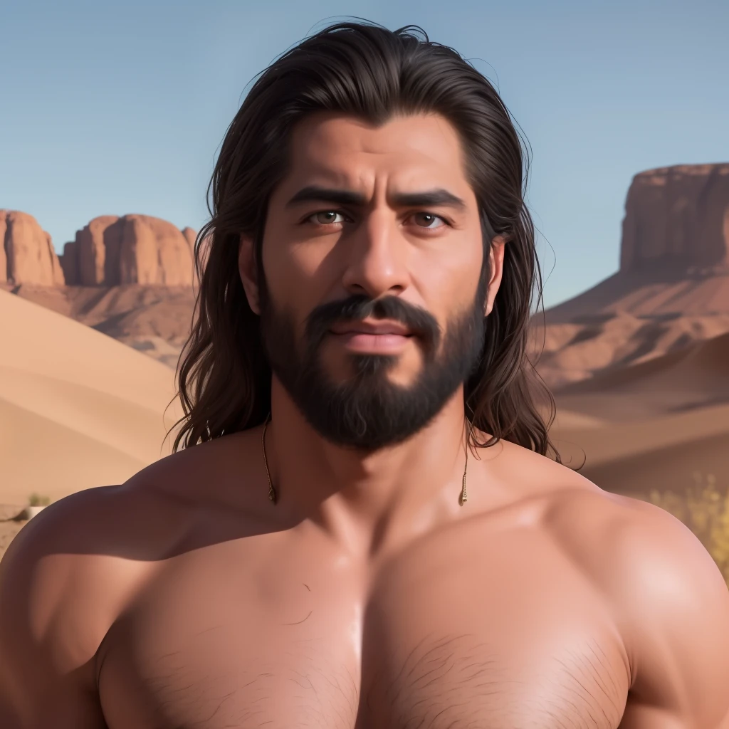 A photorealistic portrait of an insanely handsome chiseled man dressed as a rich Persian wondering as he looks slightly up at the sky in the desert, a colorized photo by Jesse Richards, instagram contest winner, maximalism, masculine, handsome, grotesque, photograph, detailed symmetric realistic face, extremely detailed natural texture, peach fuzz, long hair, masterpiece, absurdres, nikon d850 film stock photograph, kodak portra 400 camera f1.6 lens, extremely detailed, amazing, fine detail, hyper realistic lifelike texture, dramatic lighting, unrealengine, trending on artstation, cinestill 800 tungsten, looking at the viewer, photo realistic, RAW photo, TanvirTamim, high quality, highres, sharp focus, extremely detailed, cinematic lighting, 8k uhd,-imagine-