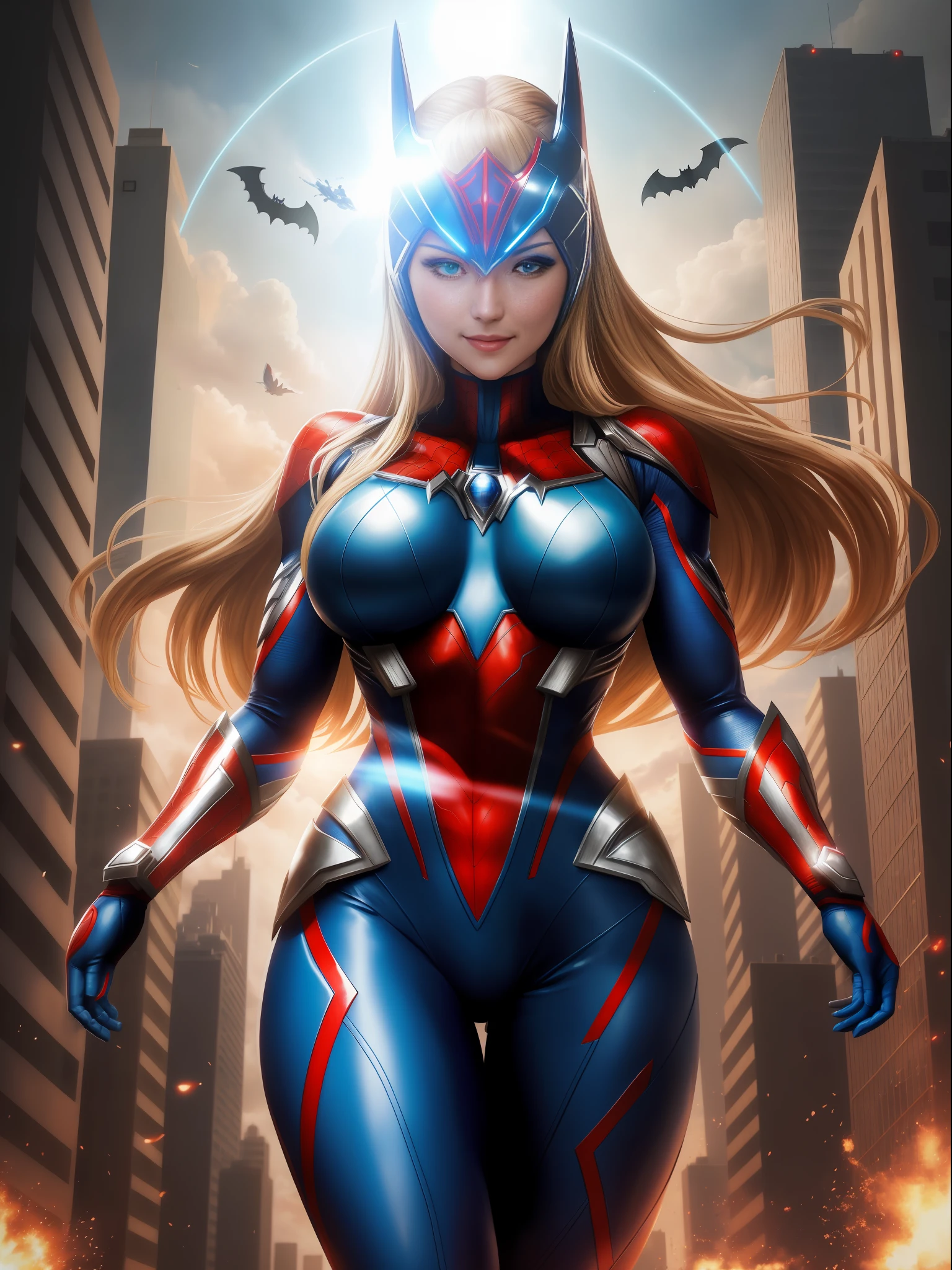 Ultraman, Mortal Kombat, anime style, (Max Quality: Sharpness:Resolution:Detailed) Full Body Shot, (1 Female:Giant:Ultraman:Spider-Man:Batman,Solo, Extremely Showy),Big Breasts, Straight Blonde Hair: in front of eye:moving in the wind,(circular jewel on chest with strong blue light),helmet:mask of Ultraman,staring at viewer,smiling,she is in a futuristic city being attacked by aliens.