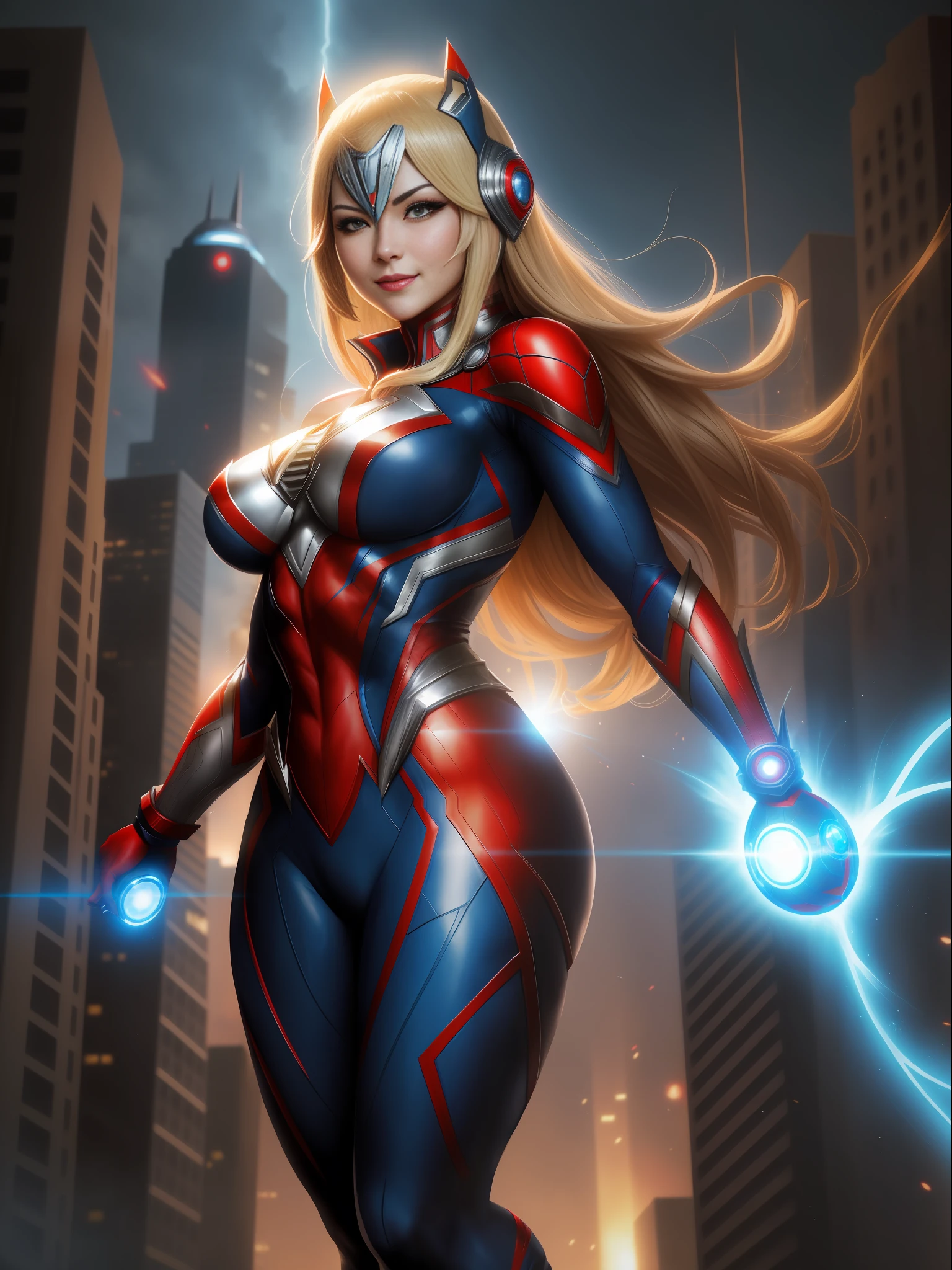 Ultraman, Mortal Kombat, anime style, (Max Quality: Sharpness:Resolution:Detailed) Full Body Shot, (1 Female:Giant:Ultraman:Spider-Man:Batman,Solo, Extremely Showy),Big Breasts, Straight Blonde Hair: in front of eye:moving in the wind,(circular jewel on chest with strong blue light),helmet:mask of Ultraman,staring at viewer,smiling,she is in a futuristic city being attacked by aliens.