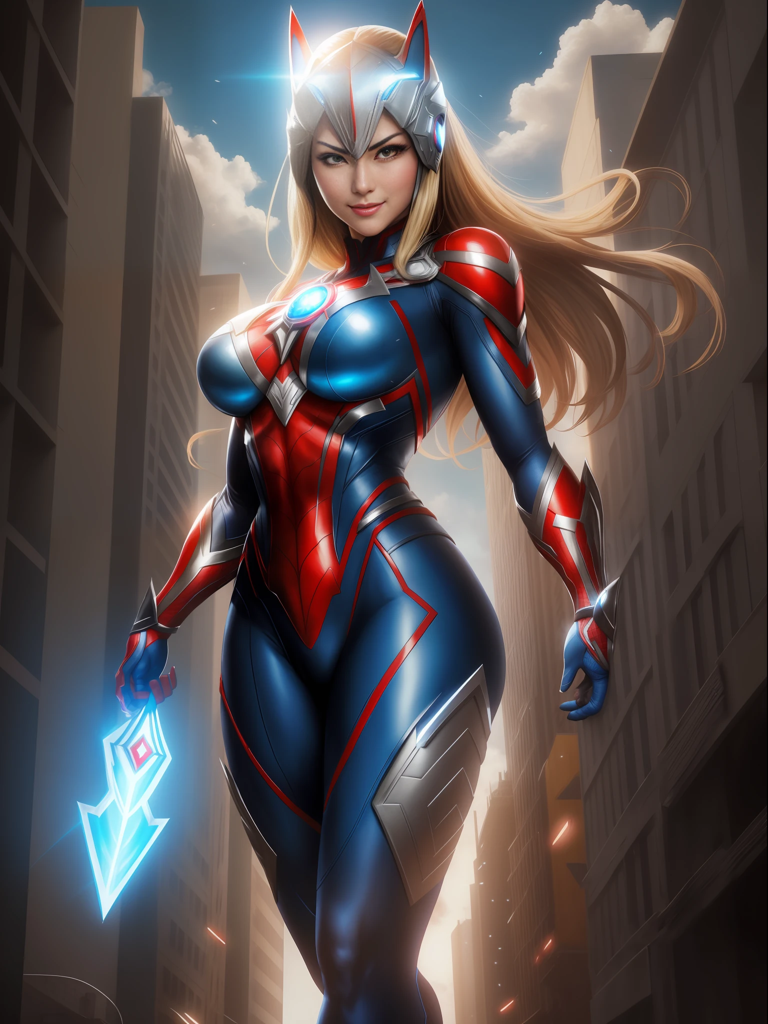 Ultraman, Mortal Kombat, anime style, (Max Quality: Sharpness:Resolution:Detailed) Full Body Shot, (1 Female:Giant:Ultraman:Spider-Man:Batman,Solo, Extremely Showy),Big Breasts, Straight Blonde Hair: in front of eye:moving in the wind,(circular jewel on chest with strong blue light),helmet:mask of Ultraman,staring at viewer,smiling,she is in a futuristic city being attacked by aliens.