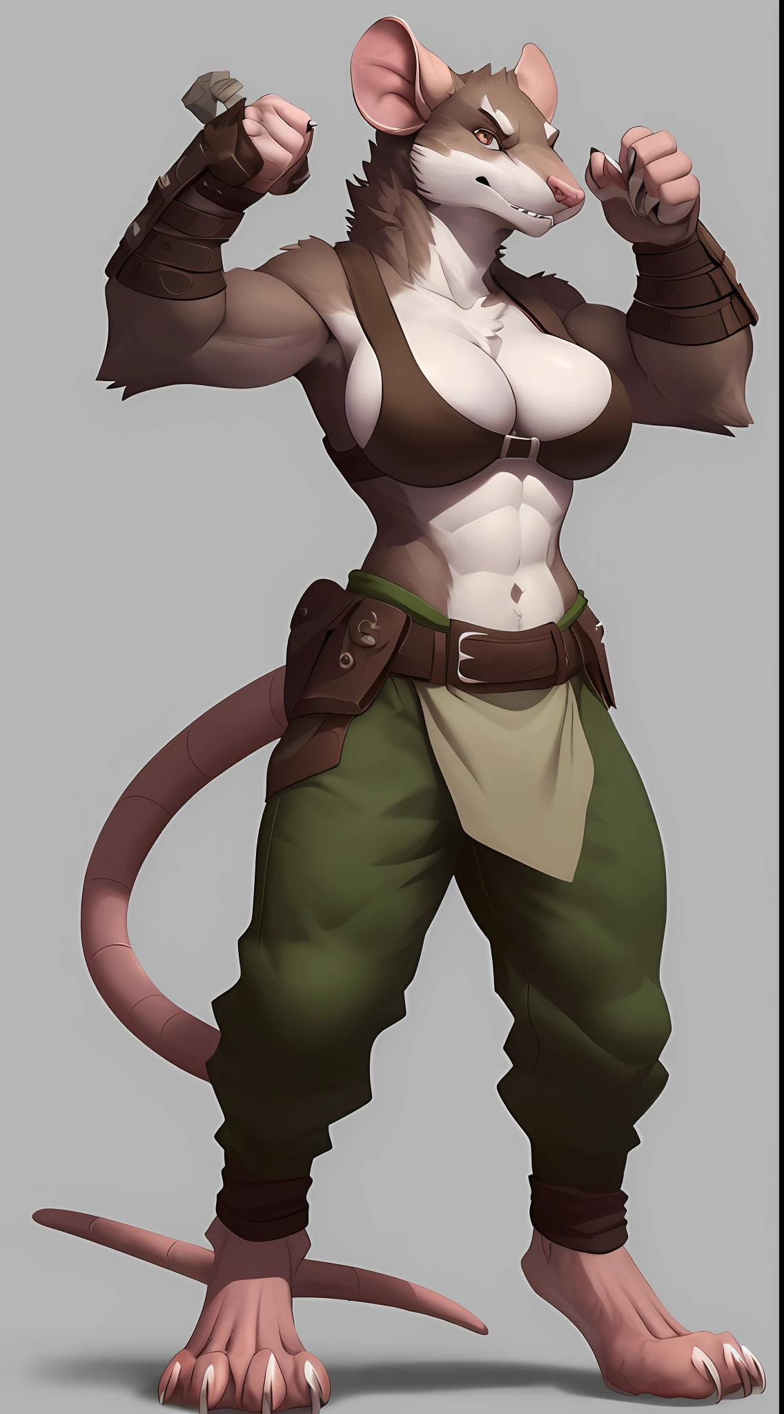 (Rat), (brown fur), antro, (wearing small tunic), two toned fur, (wearing cotton pants), (inner side Boob), high detail, , high resolution, raw photo, gray background, cleavage, 1girl, solo, big breasts, high quality, hi res, sharp, detailed body, detailed, cartoony, ((claws out)), ((looking at viewer)), (angry), mad, t full body, whole body, ((full body portrait)), far away, (((full body concept))), weapon pose, claw pose, attack pose, battle pose, average body, slim, weak, thin, skinny