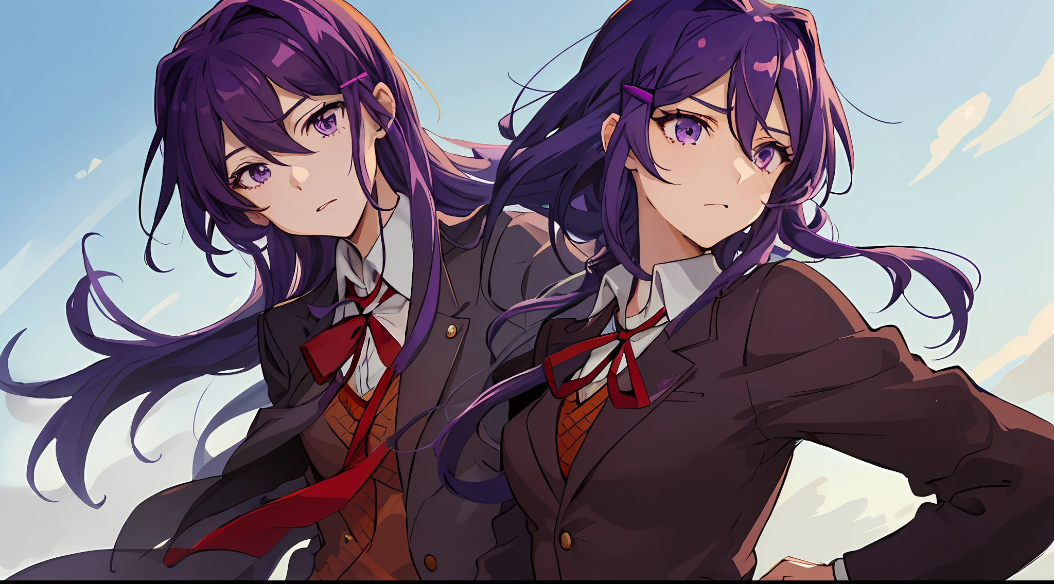 2d, masterpiece, best quality, anime, highly detailed, 1girl, solo, yuri, purple eyes, purple hair, hair between eyes, hairclip, school uniform