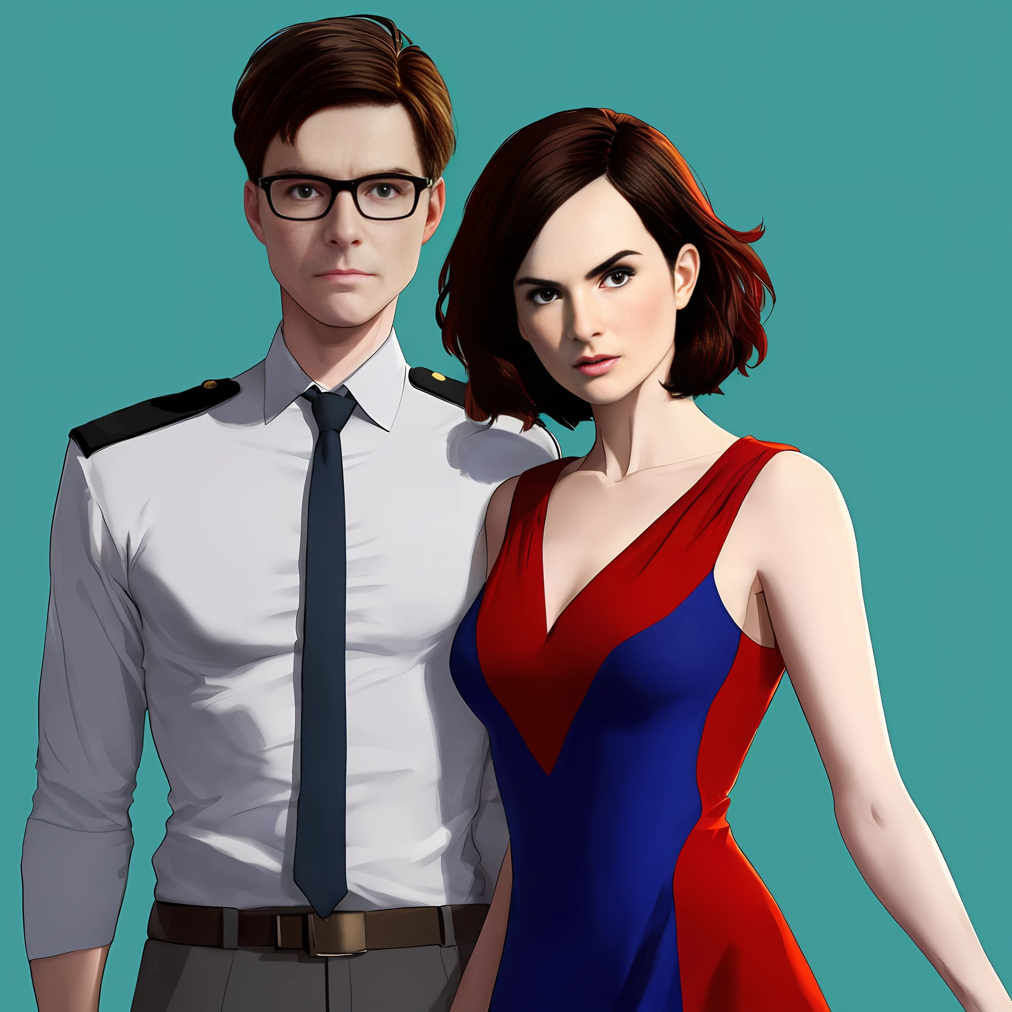 Michelle Dockery in straight red-blue-red dress, Jason Butler Harner as pilot with glasses, background - blue sky with planes, 2D style, digital, cartoon style, best quality,