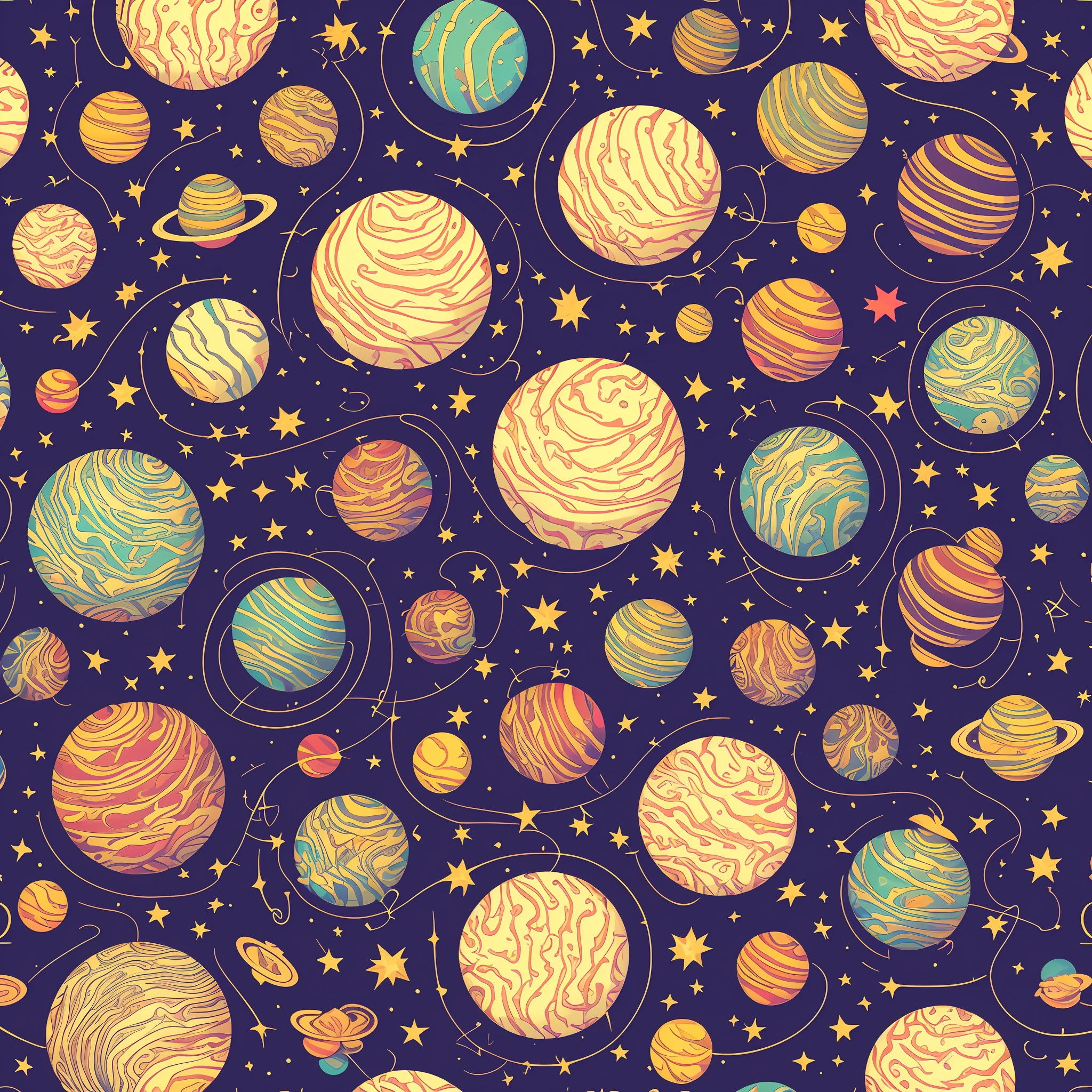 Seamless patterns of planets and stars, cosmic design, repeating patterns design, fabric art, flat illustration, rainbow-core, highly detailed clean, vector image, photorealistic masterpiece, professional photography, simple field background, isometric, bright vector, Mercury Saturn Jupiter