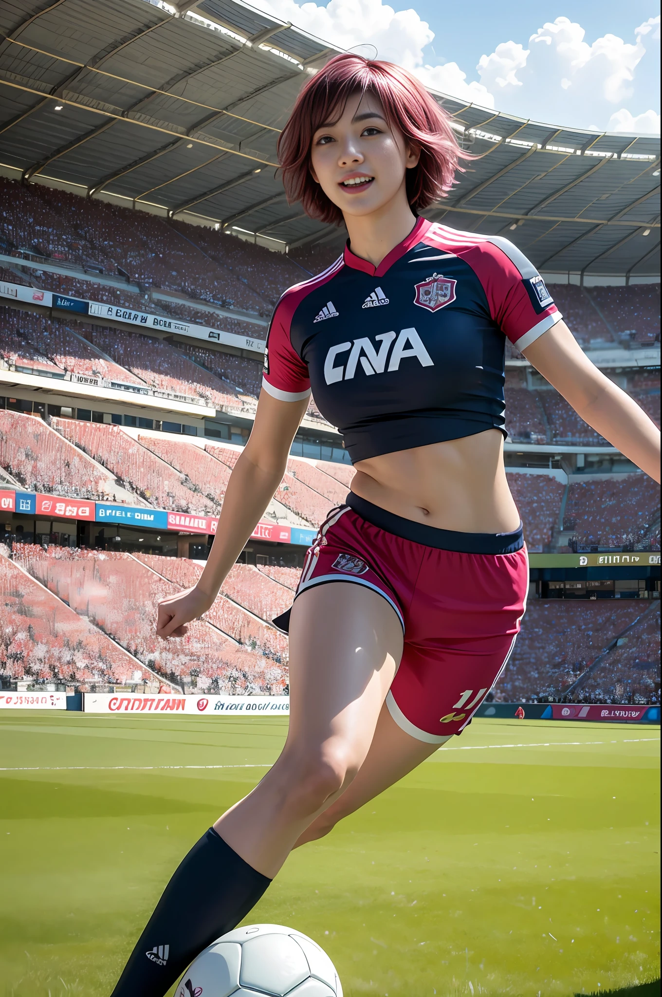 Best quality, masterpiece, ultra high res, (photorealistic:1.4),highly detailed,professional lighting
smile,Playing football ,in stadium,tight sticky crop top and short pant.18 year olds girl, dark pink hair, flattened short Korean hairstyle, wearing football Jersey and football shorts, futsal boots, sprinting towards the ball, sunny atmosphere, hyper realistic and cinematic, hyper detailed resolution image, 8k graphics, large stadium, full body, hyper close view