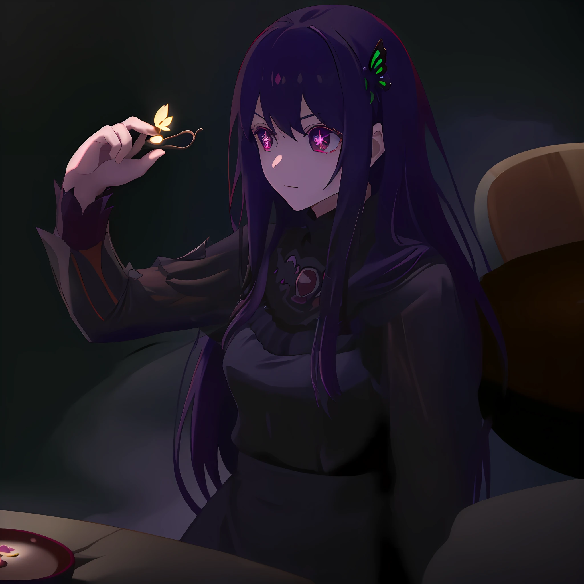 1girl, solo, intense, dark surrounding, tea time , Tea table, black dress, lace, Long sleeve, black dress, glowing eyes, dark purple eyes, purple hair, long hair, butterfly hair clip, book, book in hand