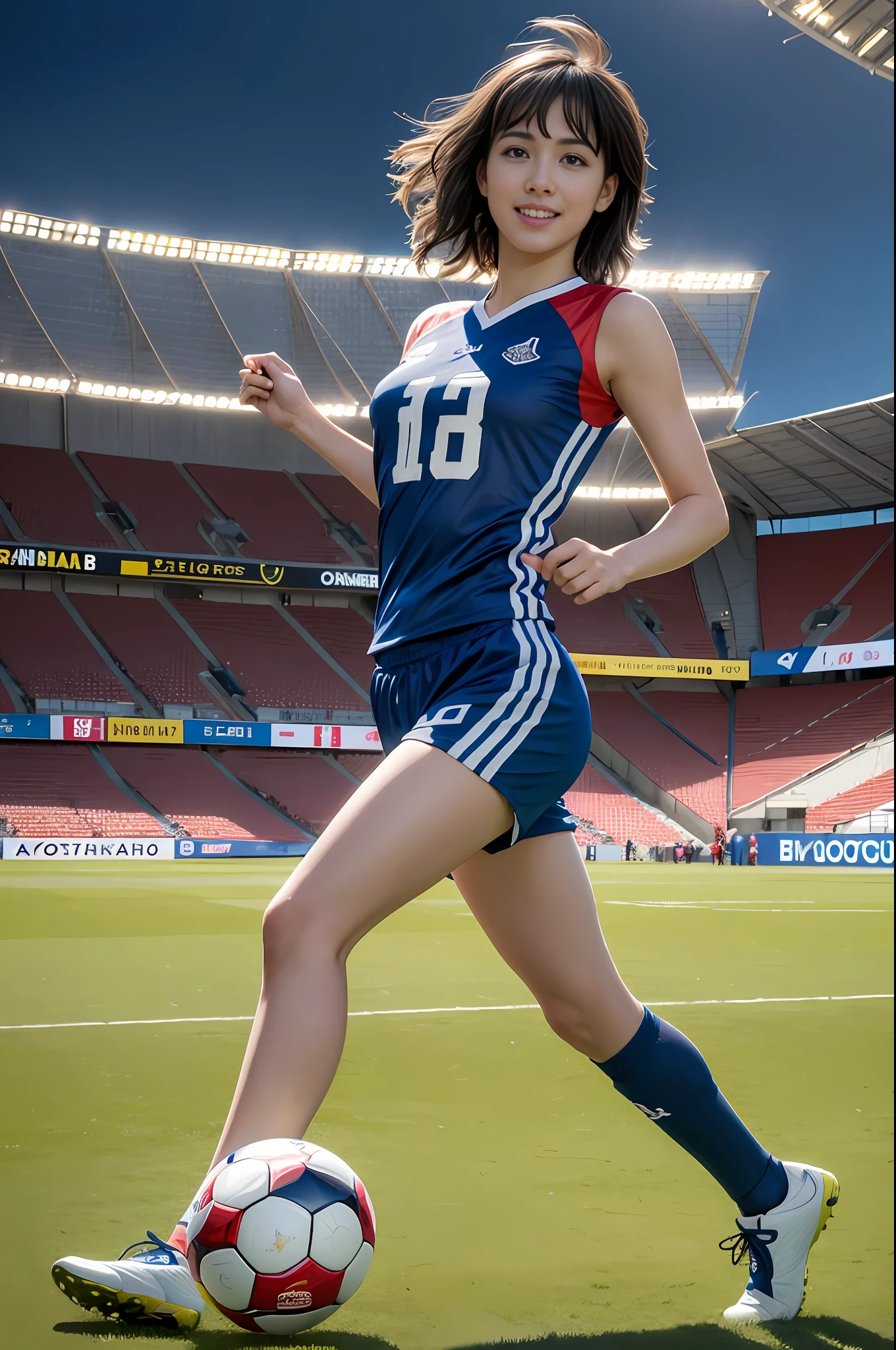 Best quality, masterpiece, ultra high res, (photorealistic:1.4),highly detailed,professional lighting
smile,Playing football ,in stadium,wearing football Jersey and football shorts, futsal boots, sprinting towards the ball, sunny atmosphere, hyper realistic and cinematic, hyper detailed resolution image, 8k graphics, large stadium, full body, hyper close view