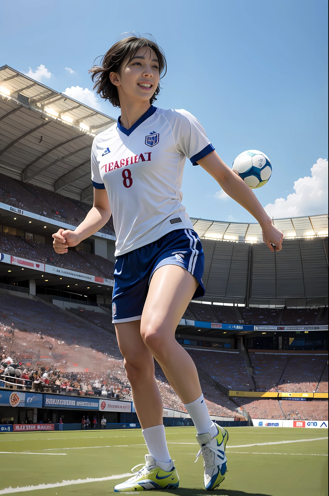 Best quality, masterpiece, ultra high res, (photorealistic:1.4),highly detailed,professional lighting
smile,Playing football ,in stadium,wearing  football Jersey and football shorts, futsal boots, sprinting towards the ball, sunny atmosphere, hyper realistic and cinematic, hyper detailed resolution image, 8k graphics, large stadium, full body, hyper close view