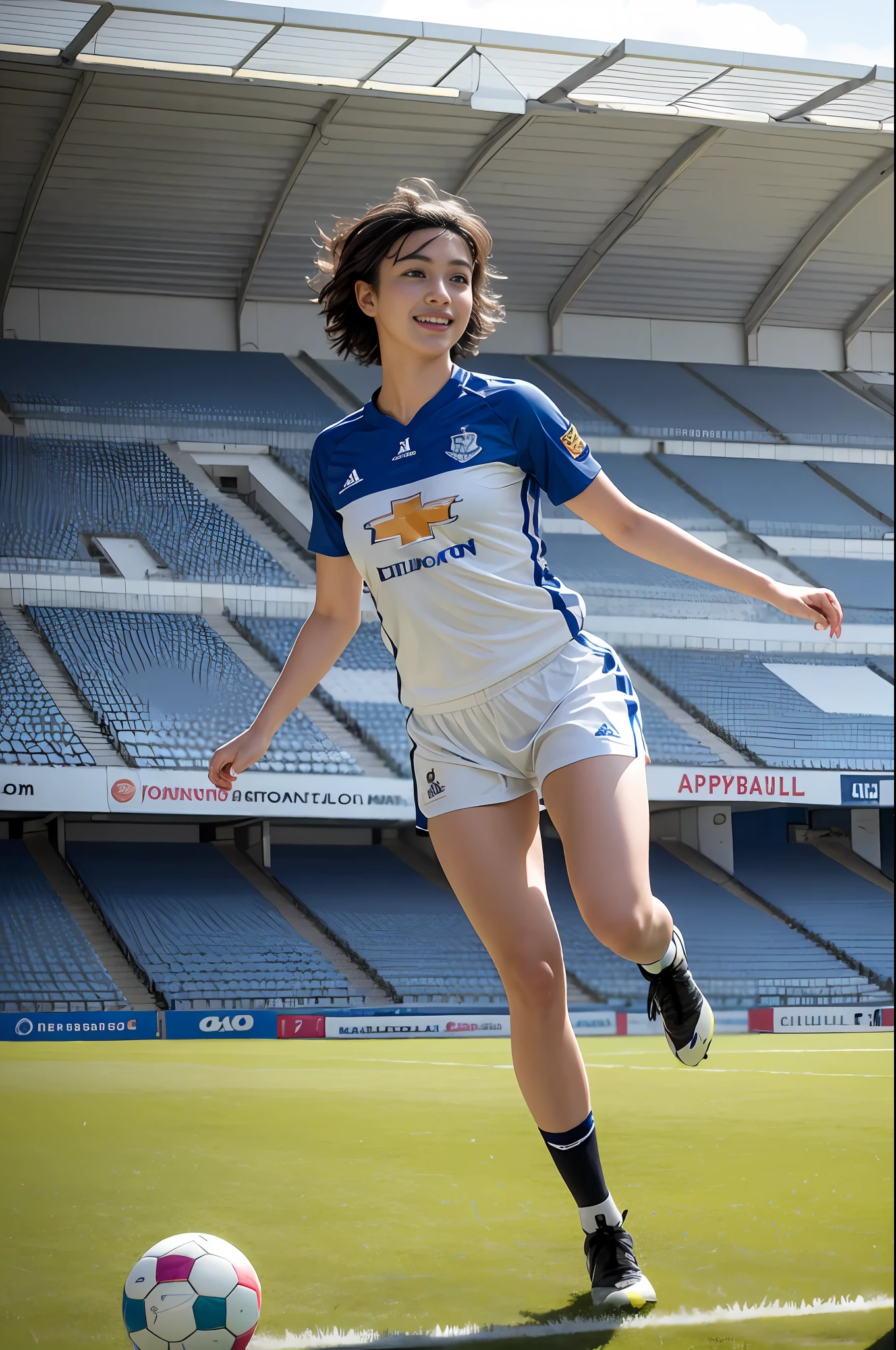 1 girl,Best quality, masterpiece, ultra high res, (photorealistic:1.4),highly detailed,professional lighting ,smile,Playing football ,in stadium,wearing football Jersey and football shorts, futsal boots, sprinting towards the ball, sunny atmosphere, hyper realistic and cinematic, hyper detailed resolution image, 8k graphics, full body, hyper close view