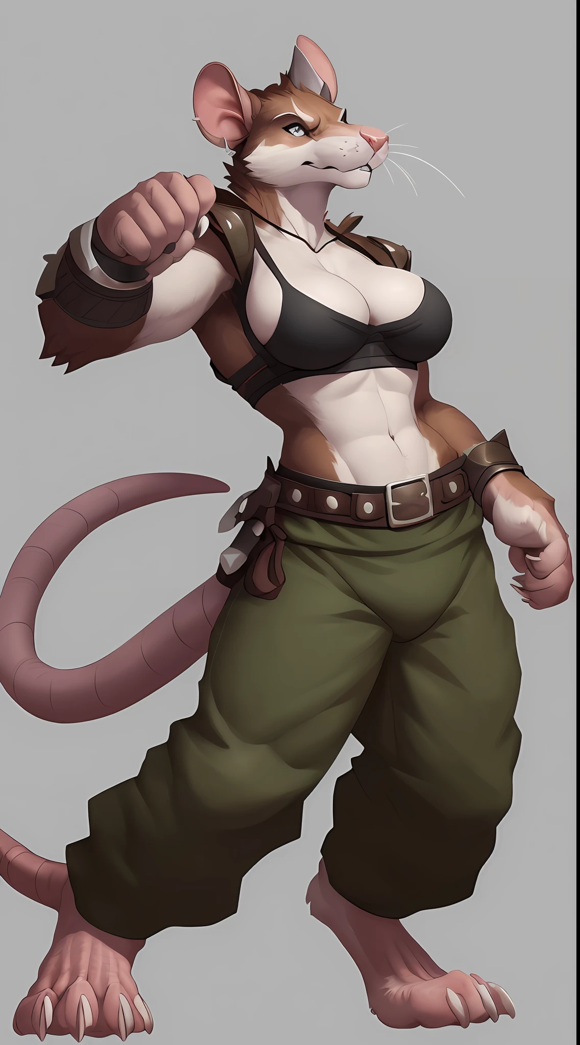 (Rat), (brown fur), antro, (wearing small tunic), two toned fur, (wearing cotton pants), (inner side Boob), high detail, , high resolution, raw photo, gray background, cleavage, 1girl, solo, big breasts, high quality, hi res, sharp, detailed body, detailed, cartoony, ((claws out)), ((looking at viewer)), (angry), mad, t full body, whole body, ((full body portrait)), far away, (((full body concept))), weapon pose, claw pose, attack pose, battle pose, average body, slim, weak, thin, skinny