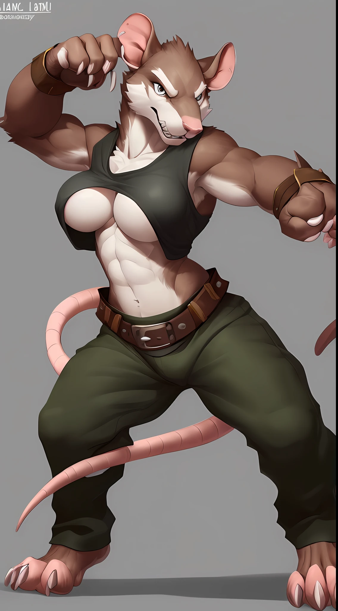 (Rat), (brown fur), antro, (wearing small tunic), two toned fur, (wearing cotton pants), (under Boob), high detail, , high resolution, raw photo, gray background, cleavage, 1girl, solo, big breasts, high quality, hi res, sharp, detailed body, detailed, cartoony, ((claws out)), ((looking at viewer)), (angry), mad, t full body, whole body, ((full body portrait)), far away, (((full body concept))), weapon pose, claw pose, attack pose, battle pose, average body, slim, weak, thin, skinny