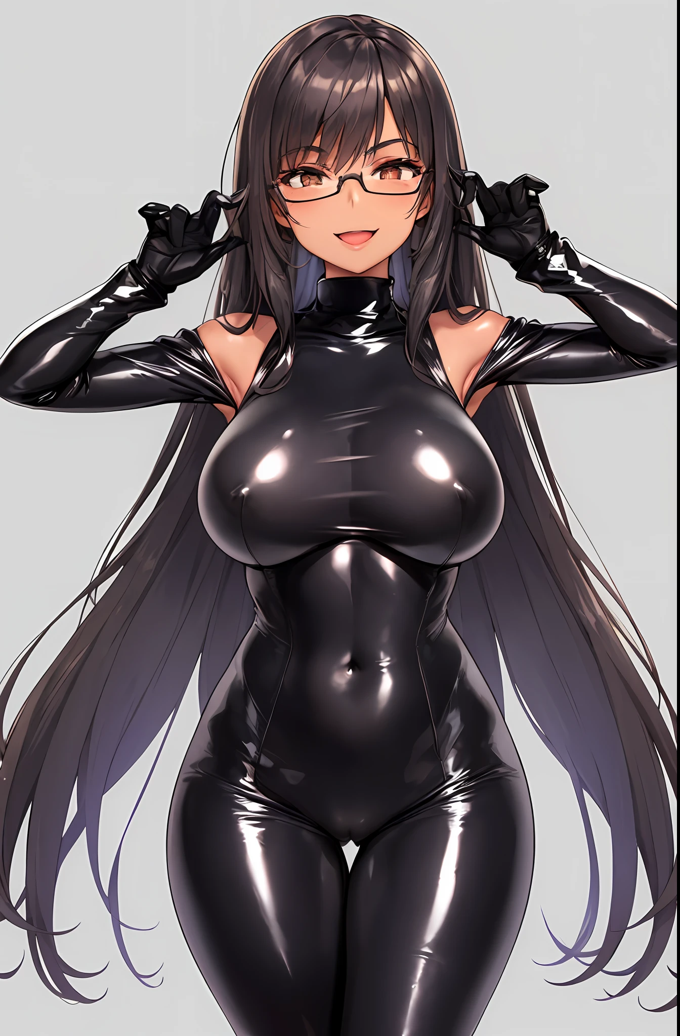 Mia Khalifa, 1girl, arms up, blush, bodysuit, breasts, bunny pose, clothes writing, covered navel, cowboy shot, cropped jacket, gloves, grey background, impossible bodysuit, impossible clothes, jacket, large breasts, latex, latex bodysuit, long hair, long sleeves, looking at viewer, large breasts, open mouth, bodysuit, black jacket, shiny clothes, shrug \(clothing\), simple background, skin tight, smile, solo, thigh gap, thighs, black gloves,(masterpiece:1.4),(best quality:1.4),(shiny skin),realistic,