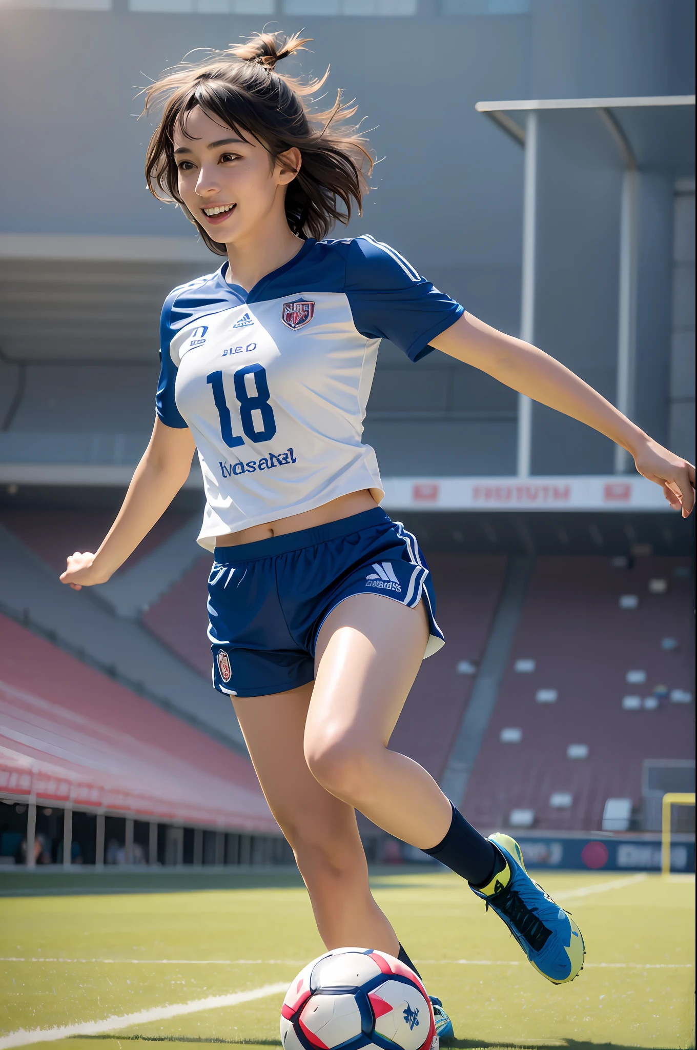 1 beautiful girl,((Best quality, masterpiece, ultra high res)), (photorealistic:1.4),highly detailed,professional lighting ,smile,Playing football ,in stadium,wearing tight football Jersey and football shorts, futsal boots, sprinting towards the ball, sunny atmosphere, hyper realistic and cinematic, hyper detailed resolution image, 8k graphics, full body, hyper close view
