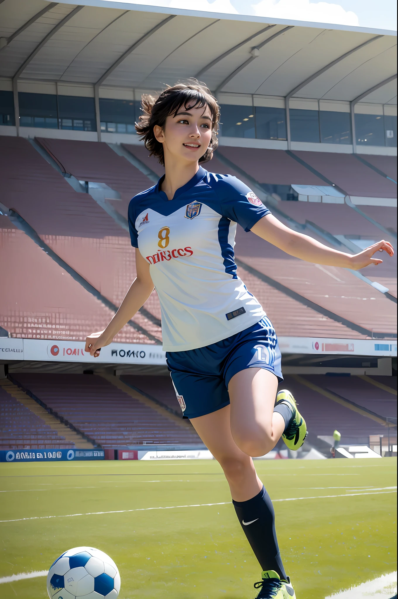 1 beautiful girl,((Best quality, masterpiece, ultra high res)), (photorealistic:1.4),highly detailed,professional lighting ,smile,Playing football ,in stadium,wearing tight football Jersey and football shorts, futsal boots, sprinting towards the ball, sunny atmosphere, hyper realistic and cinematic, hyper detailed resolution image, 8k graphics, full body, hyper close view