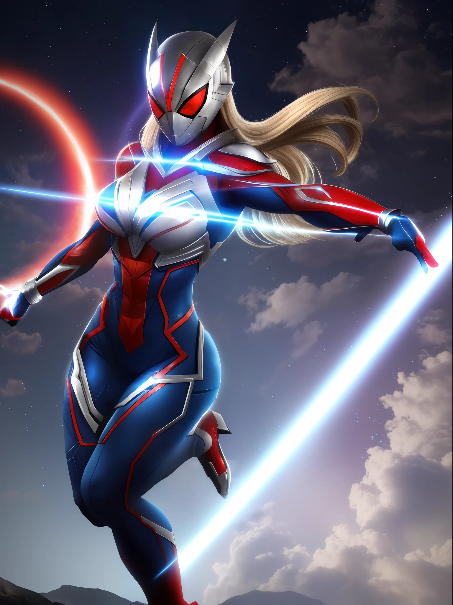 Ultraman, Mortal Kombat, anime style, (Max Quality: Sharpness:Resolution:Detailed) Full Body Shot, (1 Female:Giant:Ultraman:Spider-Man:Batman,Solo, Extremely Showy),Big Breasts, Straight Blonde Hair: in front of eye:moving in the wind,(circular jewel on chest with strong blue light),helmet:mask of Ultraman,staring at viewer,smiling,she is in a futuristic city being attacked by aliens.