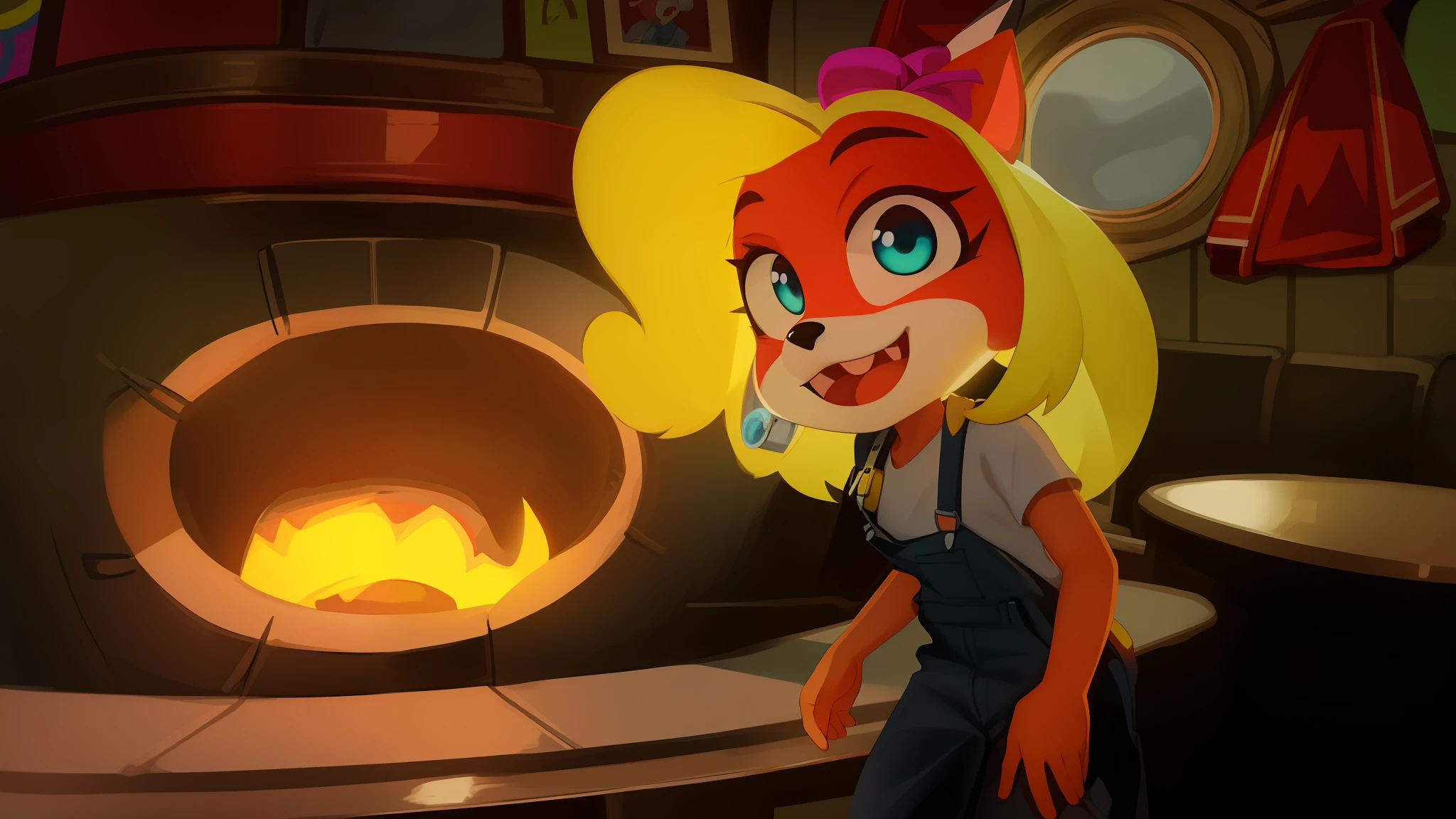 cartoon, beautiful portrait, detailed background, white teeth with cute fang, black nose, animal ears, animal snout, white shirt (pink lined clothes), overalls (one strap, blue)