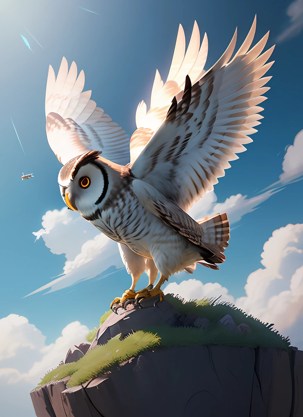 Useful animated keyshot of owl flying in the sky, mid-shot, Studio Ghibli, Pixar and Disney Animation, 3D, sharp, rendered in Unreal Engine 5, key anime art by Greg Rutkowski, Bloom, dramatic lighting