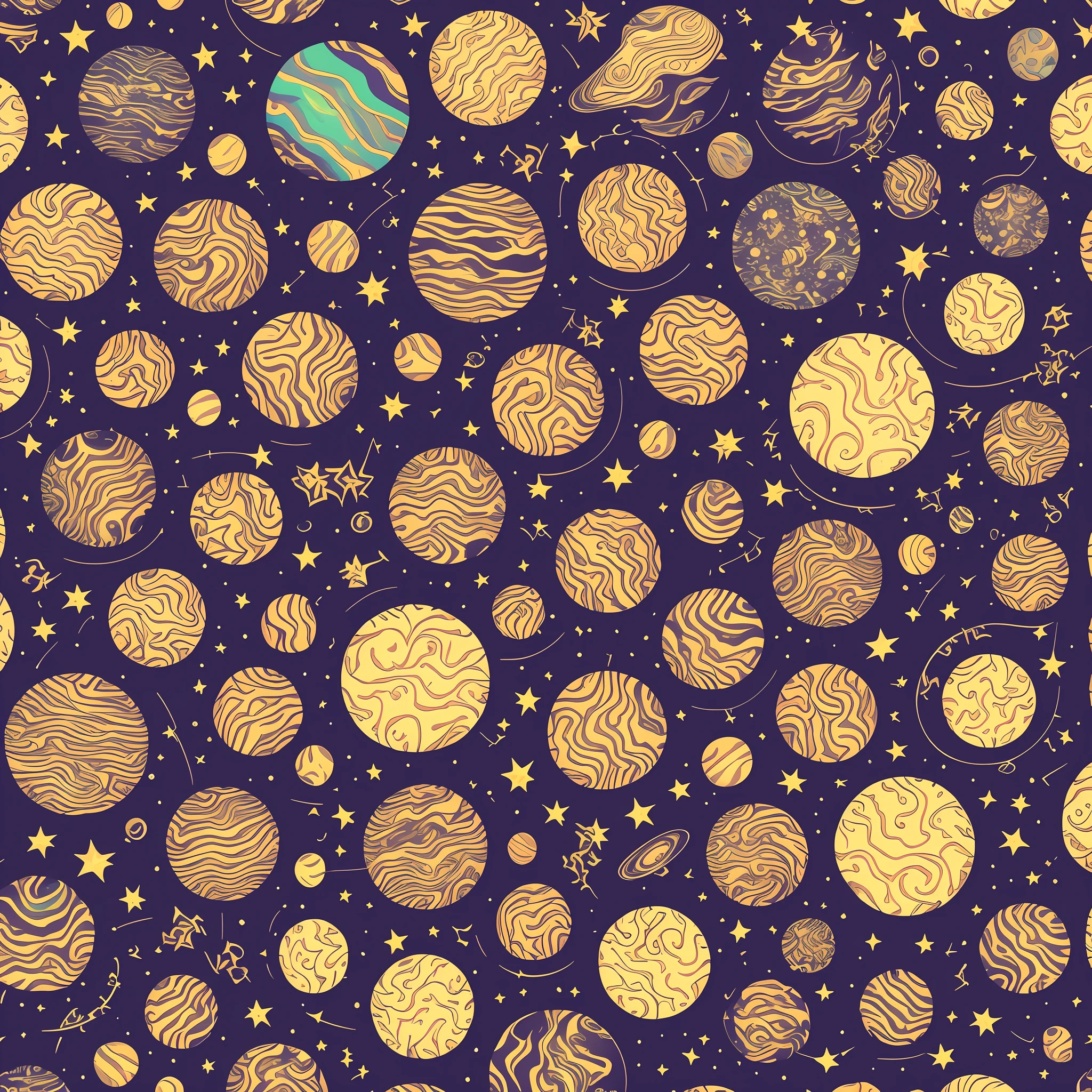 Seamless patterns of planets and stars, cosmic design, repeating patterns design, fabric art, flat illustration, rainbow-core, highly detailed clean, vector image, photorealistic masterpiece, professional photography, simple field background, isometric, bright vector, suns, stars, galaxies, planets, supernovas,