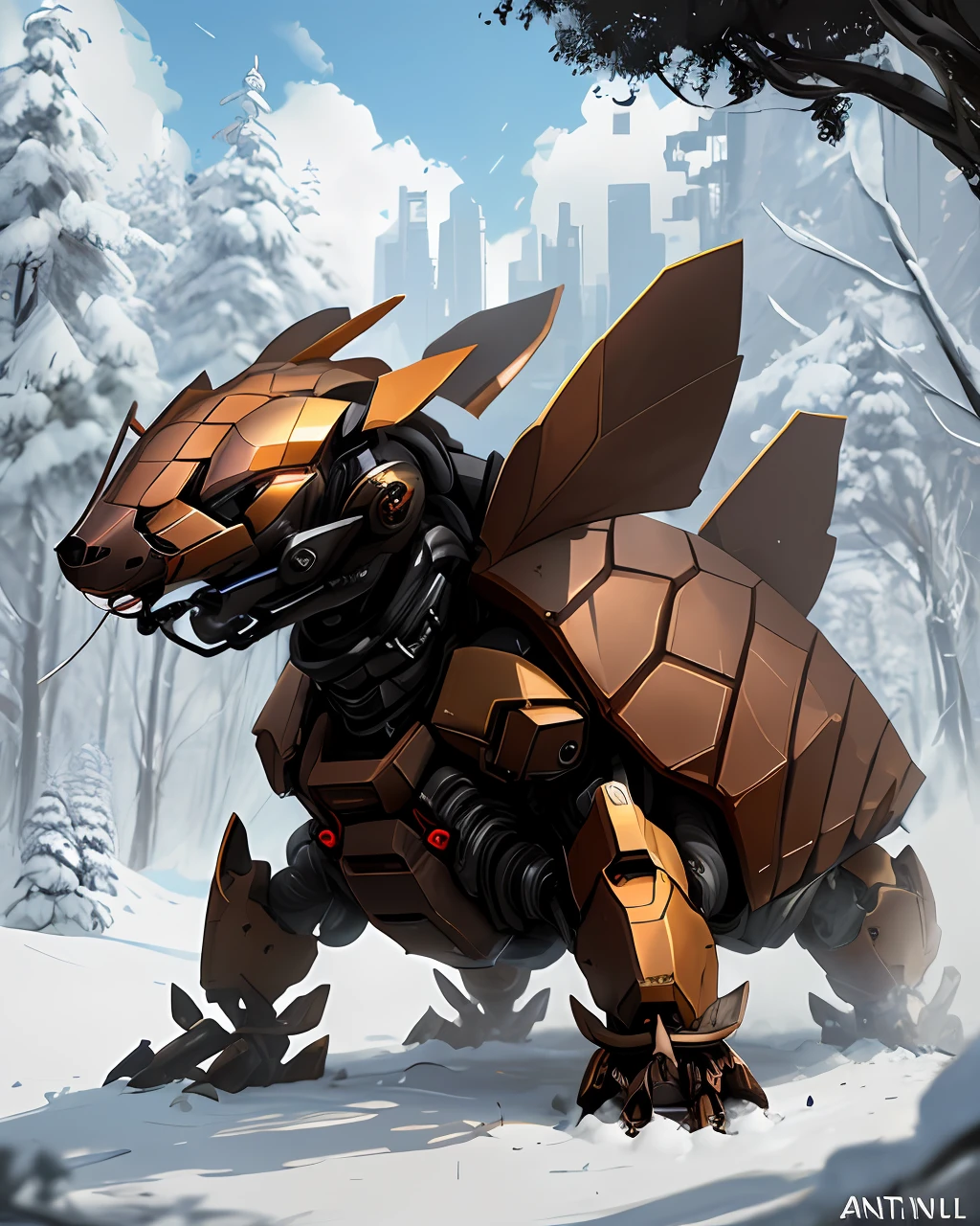 gaming 4k Too down view, Anthill Skin for the mobile game "the ants" Mecha pangolin which is rolled up and looks like a cannon