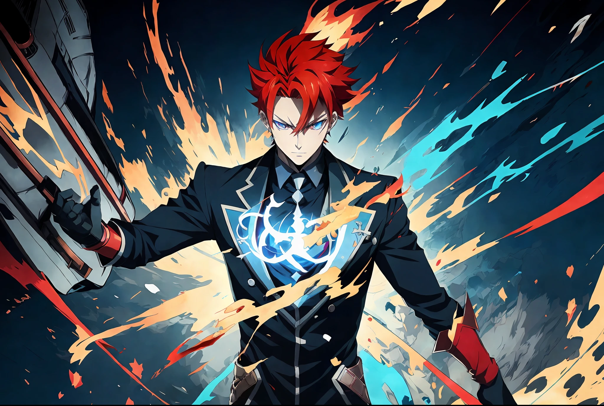 anime character with red hair and blue eyes in a black suit, handsome guy in demon slayer art, key anime art, genshin impact character, trigger anime artstyle, badass anime 8 k, official character art, demon slayer rui fanart, an epic anime of a energy man, guilty gear strive splash art, demon slayer artstyle, keqing from genshin impact