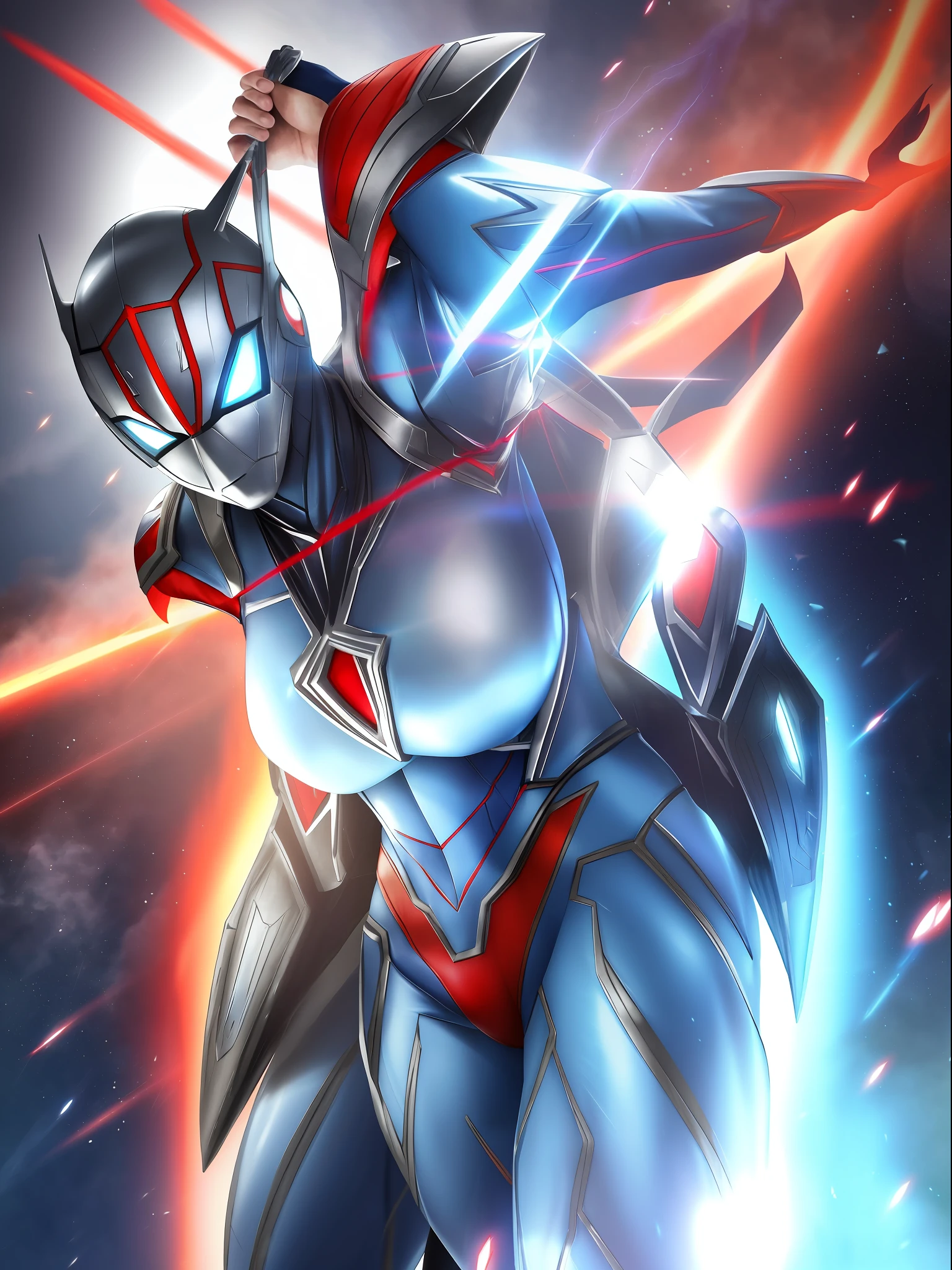 Ultraman, Mortal Kombat, anime style, (Max Quality: Sharpness:Resolution:Detailed) Full Body Shot, (1 Female:Giant:Ultraman:Spider-Man:Batman,Solo, Extremely Showy),Big Breasts, Straight Blonde Hair: in front of eye:moving in the wind,(circular jewel on chest with strong blue light),helmet:mask of Ultraman,staring at viewer,smiling,she is in a futuristic city being attacked by aliens.