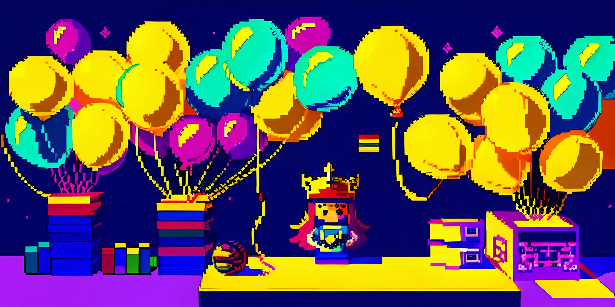 Pixel-art style, stacks of comic books on the table, wall decorated with balloons and ribbons, yellow wall in the background, pastel colors, studio lighting, wide slightly low angle.