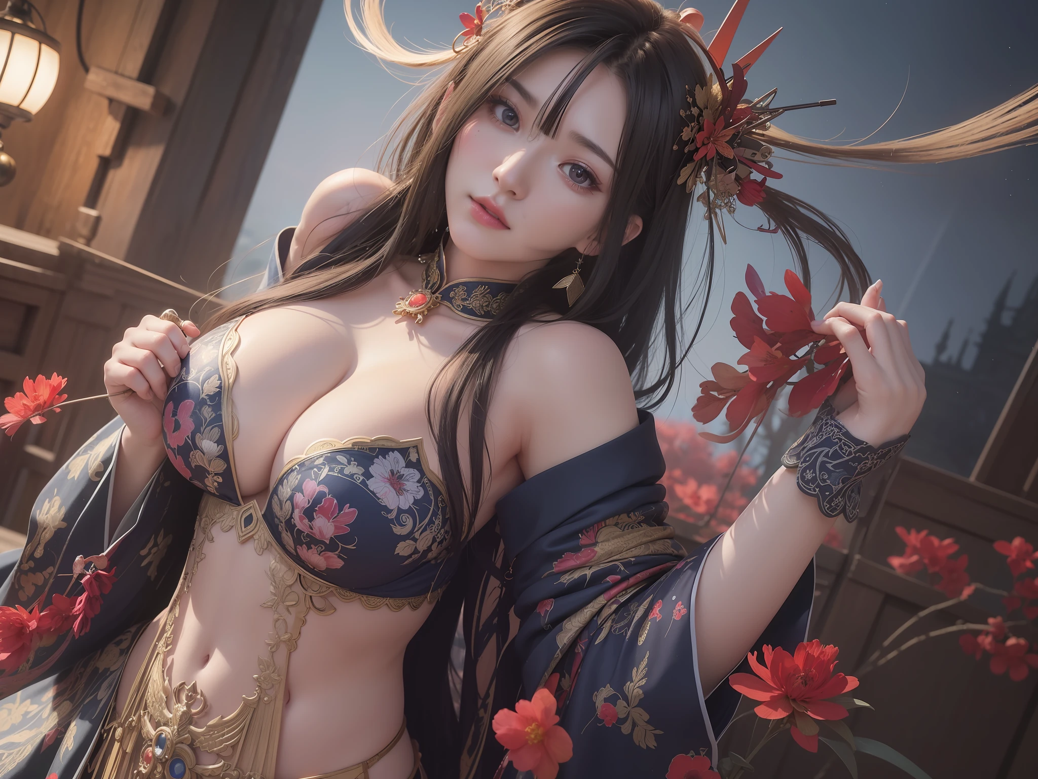 (8k, RAW photo:1.2),best quality, ultra high res,dramatic angle,(fluttered detailed color splashs), (illustration),(((1 girl))),(long hair),(rain:0.9),(hair ornament:1.4),there is an ancient palace beside the girl,chinese clothes,(focus on), color Ink wash painting,(color splashing),colorful splashing,(((colorful))),(sketch:0.8), Masterpiece,best quality, beautifully painted,highly detailed,(denoising:0.6),[splash ink],((ink refraction)), (beautiful detailed sky),moon,highly,detaild,(masterpiece, best quality, extremely detailed CG unity 8k wallpaper,masterpiece, best quality, ultra-detailed),(Lycoris radiata), (gigantic breasts:1.2)