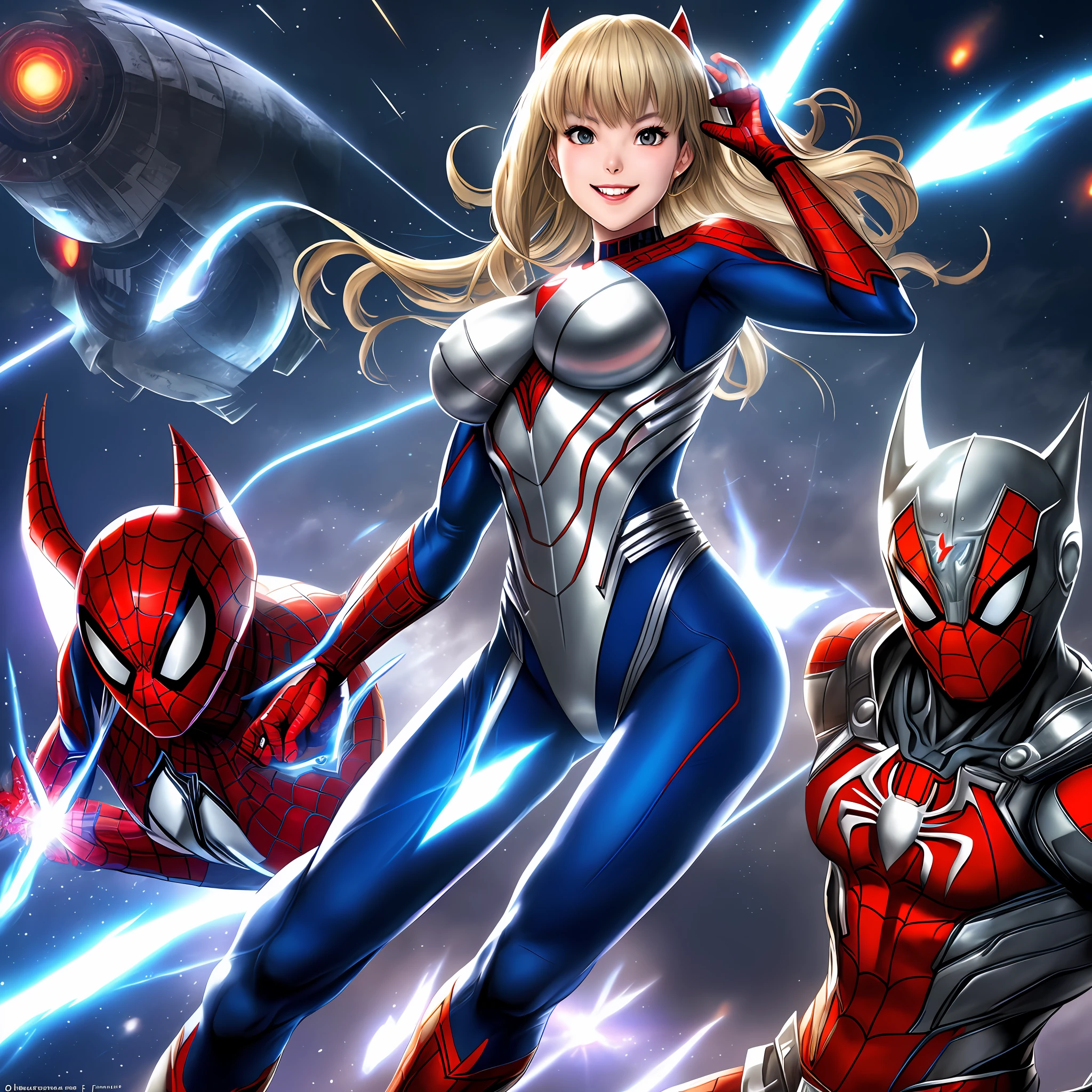 Ultraman, Mortal Kombat, anime style, (Max Quality: Sharpness:Resolution:Detailed) Full Body Shot, (1 Female:Giant:Ultraman:Spider-Man:Batman,Solo, Extremely Showy),Big Breasts, Straight Blonde Hair: in front of the eye: moving in the wind, (facing the viewer), (circular jewel on the chest with strong blue light), helmet: mask of Ultraman, staring at the viewer, smiling, she is in a futuristic city being attacked by aliens.